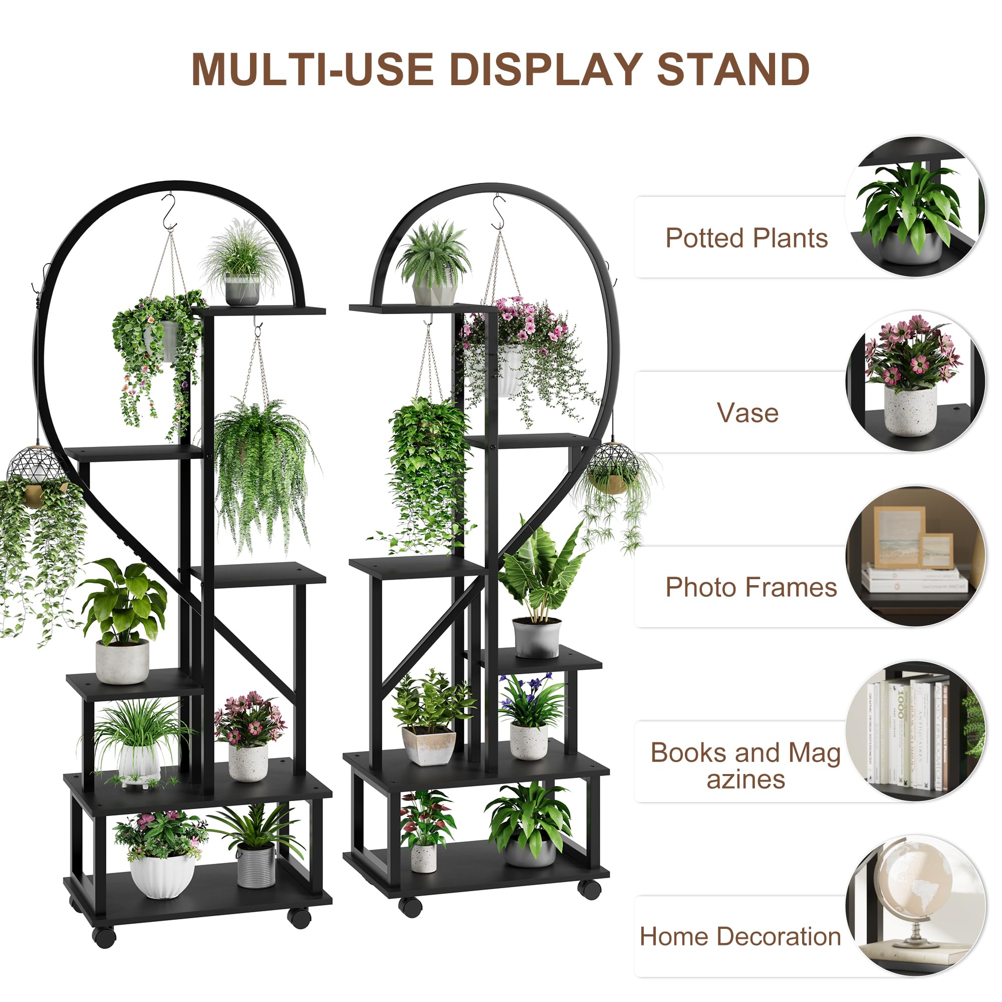 Lot de 2 172Cm Grand Support pour Plantes 6 Niveaux,Grande Étagère à Plantes en cœur,intérieur/extérieur,Etagère de Présentation sur Roulettes Amovibles & Crochets pour jardin,balcon,parlor(Noir)