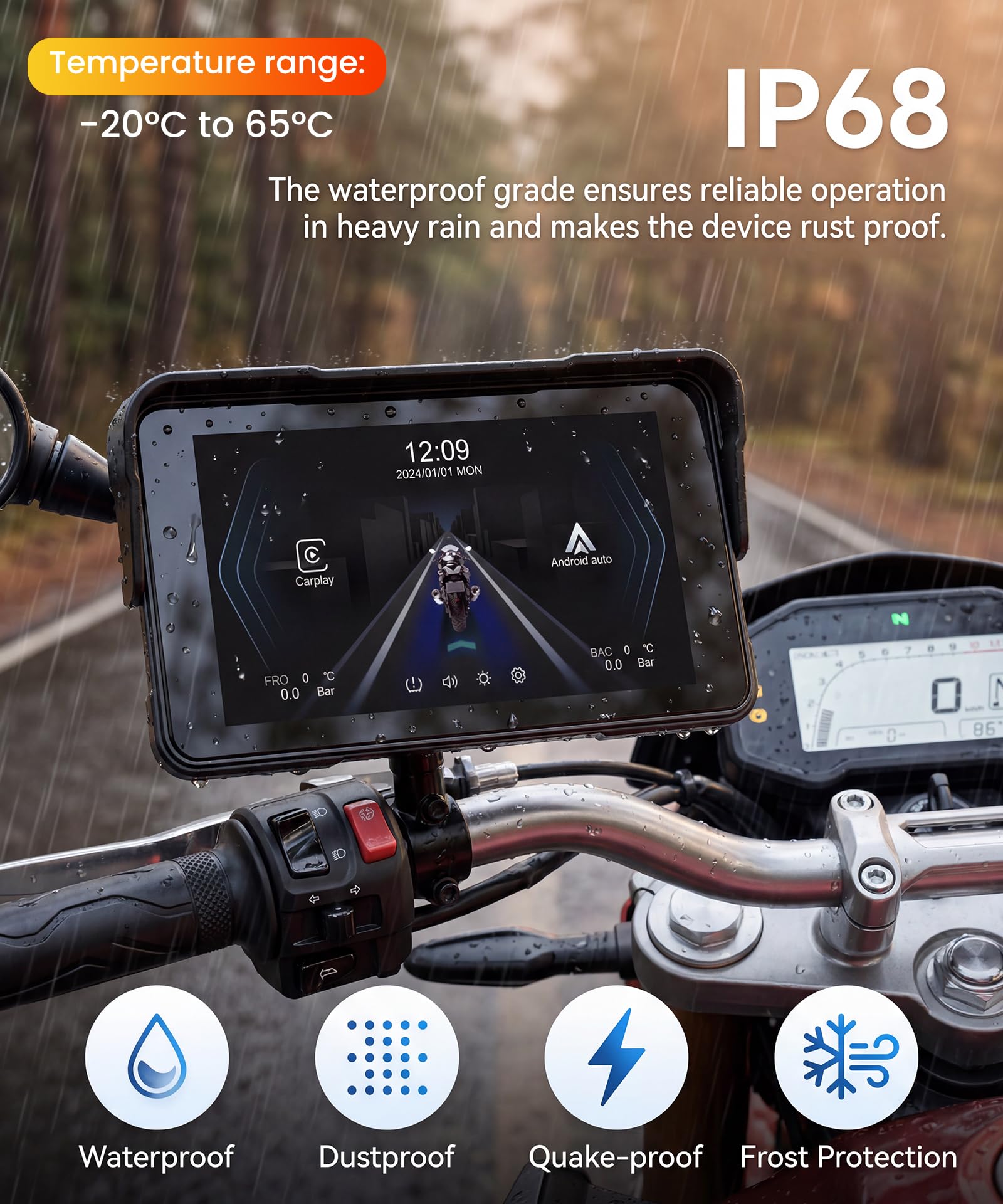 Rimoody 5 Pouces Écran Carplay pour Moto avec Commande au Guidon, Support Amovible, Moniteur sans Fil CarPlay & Android Auto, Radio CarPlay Étanche IP68 Bluetooth/Contrôle de la Pression des pneus