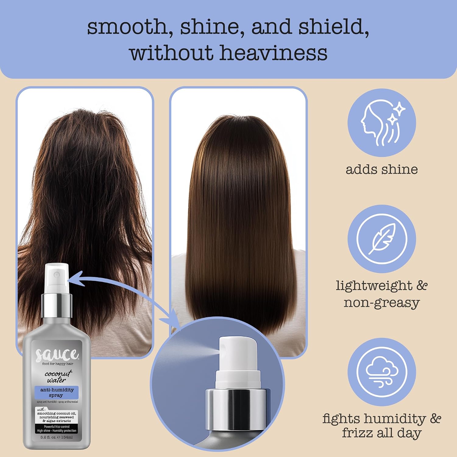 SAUCE BEAUTY Coconut Water Anti-Humidity Hair Spray 5.2 Fl Oz, Frizz Control with Coconut Oil, Seaweed & Algae Extracts, Adds Shine & Softness, Lightweight & Non Greasy, No Sulfates & Parabens