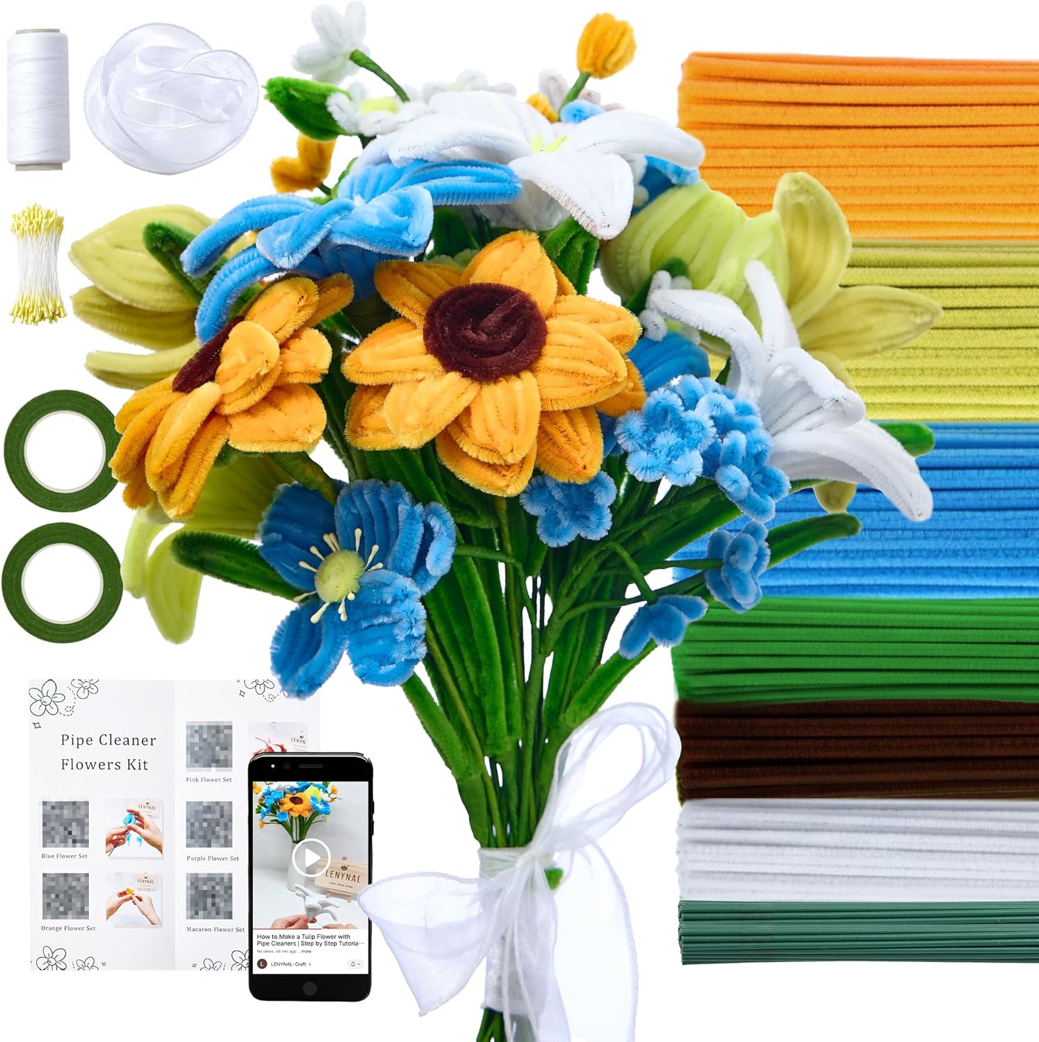 LENYNAL 500 Pcs Pastel Pipe Cleaners Craft Bulk, Macaron Pipe Cleaner Flower Kit, Glue-Free & Safe for Kids, Step-by-Step Tutorial, 6 Colors Chenille Stems for Flower Making