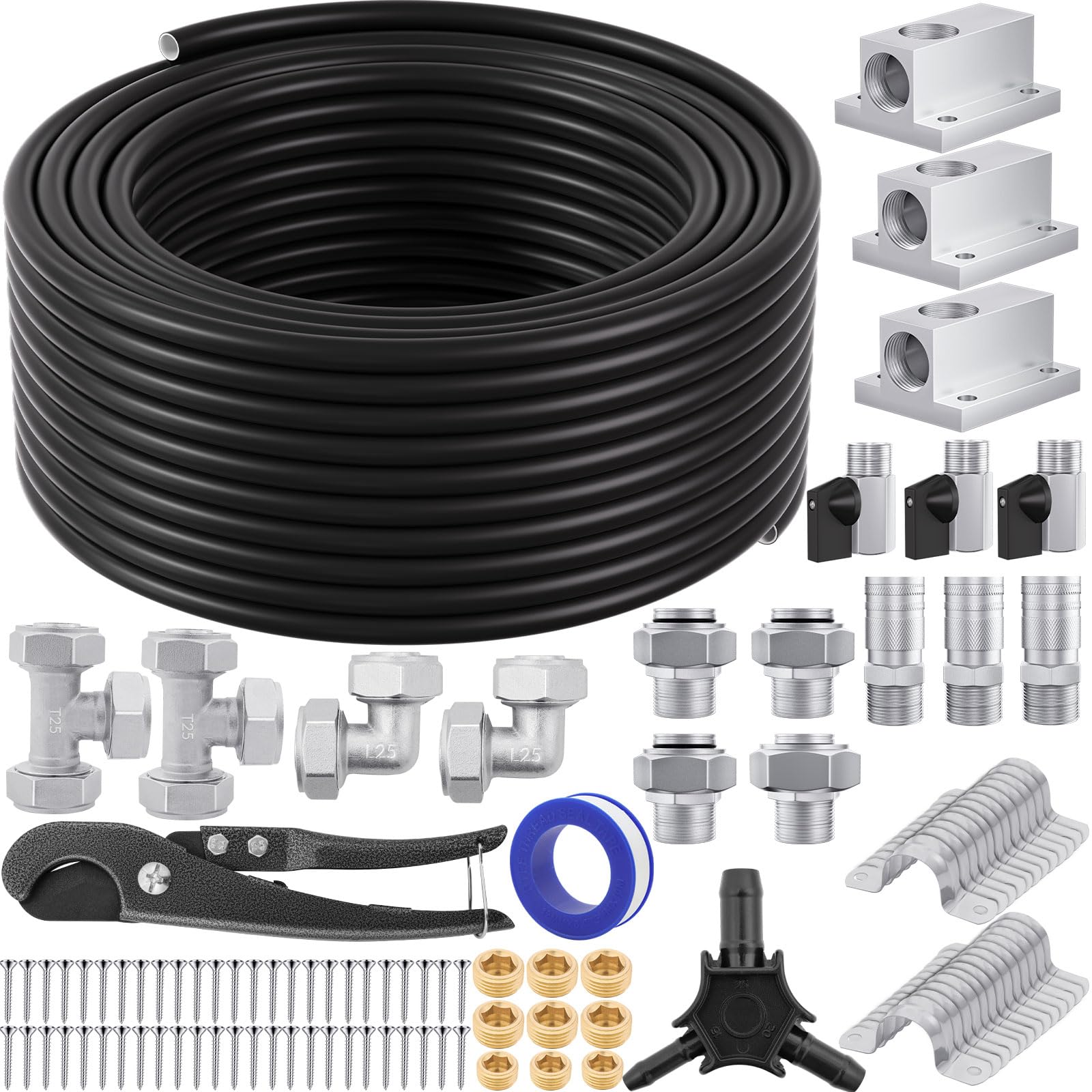 Shop Air Line Kit,Black 3/4 Inch x 100 FT Compressed Air Piping System,HDPE Tubing and Aluminum Outlet Blocks,Air Line Tubing Kit, for Shop,Garage