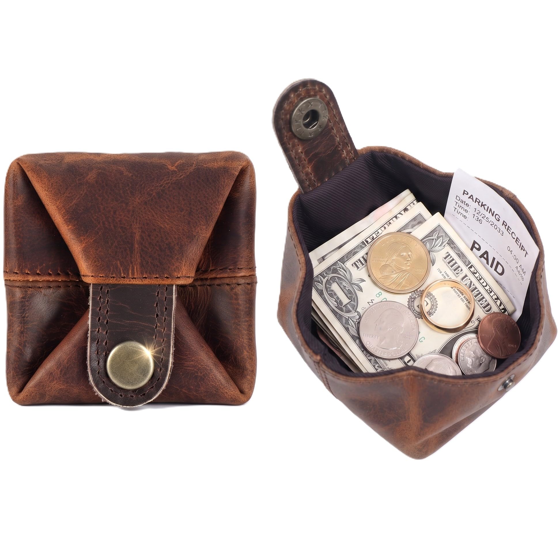 Leather Coin Pouch - Compact Change Holder and Mini Pocket Wallet for Men &amp; Women (Brown)