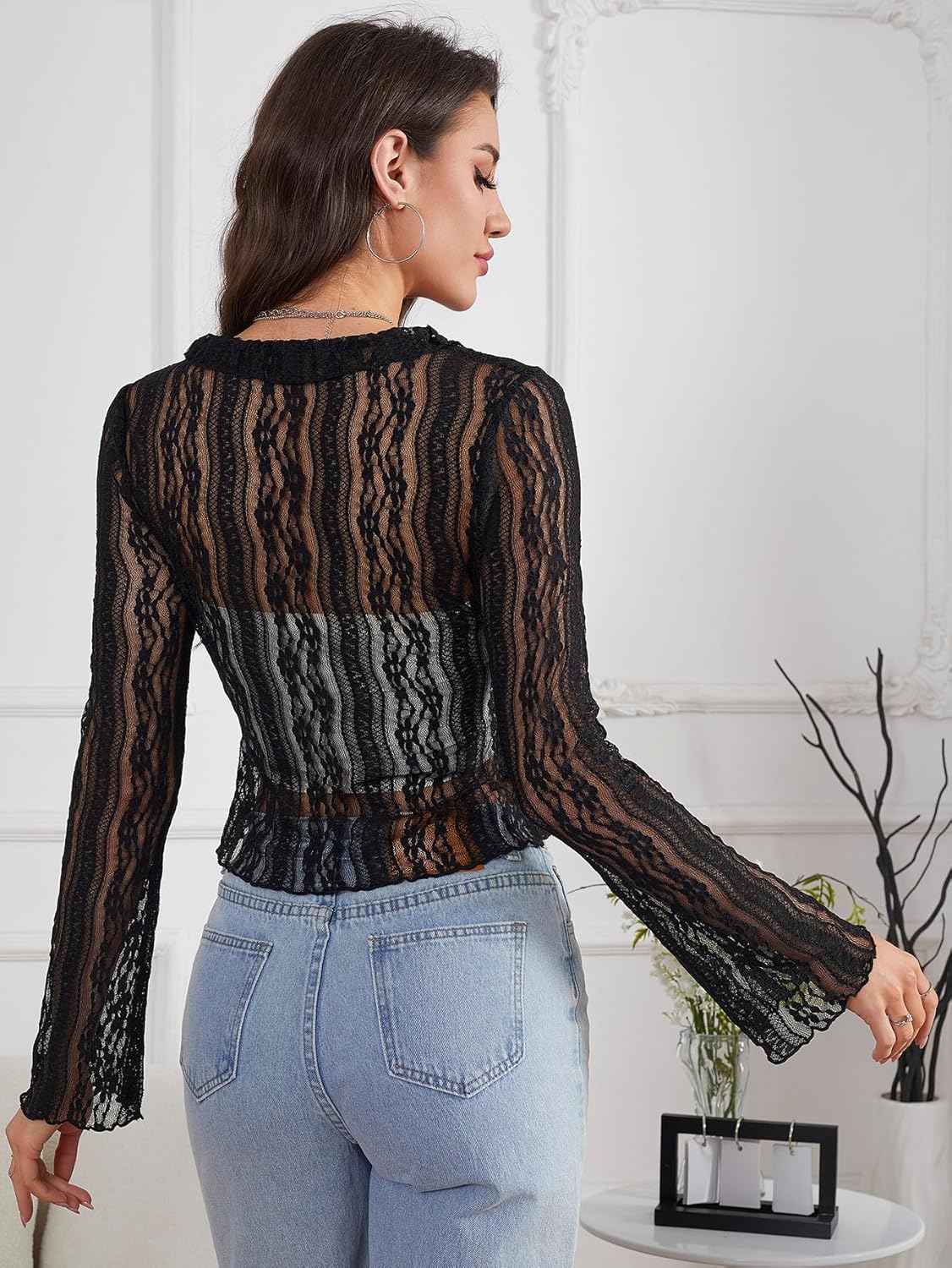 GORGLITTER Women's Lace Tie Front Tops Sheer Mesh Bell Long Sleeve Ruffle Blouse Shirt - Image 2