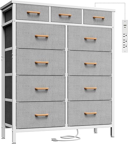 AODK Cómoda con estación de carga, cómoda de 52 pulgadas de alto para dormitorio con 11 cajones de almacenamiento, cómoda de tela grande para sala
