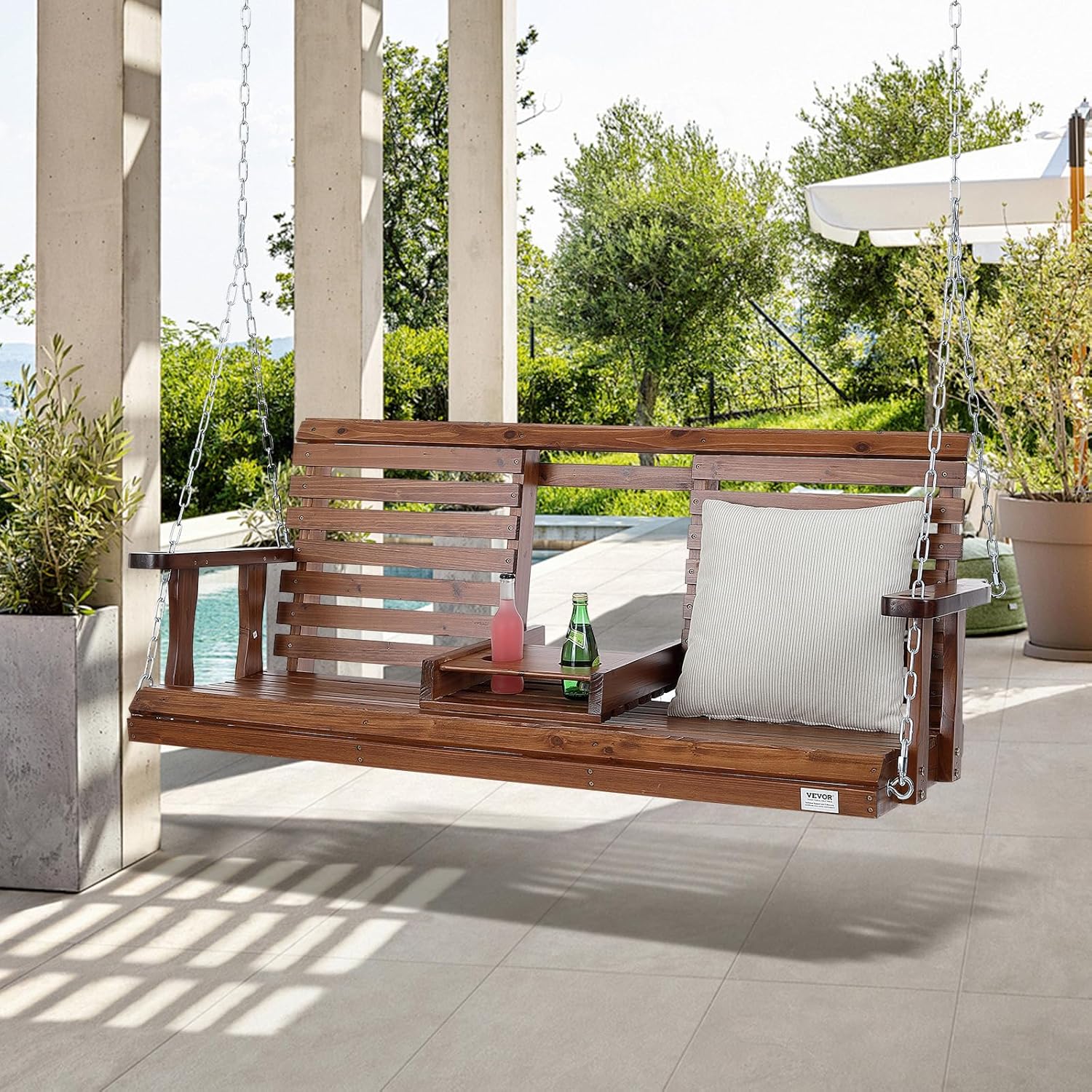 VEVOR Wooden Porch Swing 5 ft, Patio Bench Swing for Courtyard & Garden, Upgraded 880 lbs Strong Load Capacity, Heavy Duty Swing Chair Bench with Hanging Chains for Outdoors, Brown