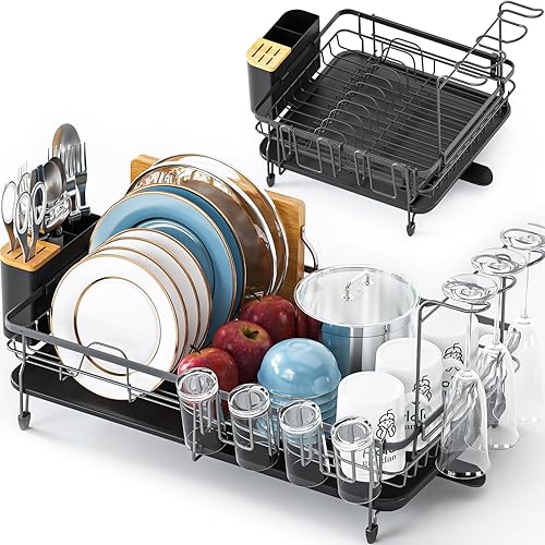 Miniatura 1 de TOOLF Escurridor de platos expandible, estante ajustable de acero inoxidable 304, escurridor de platos plegable con soporte extraíble para cubiertos