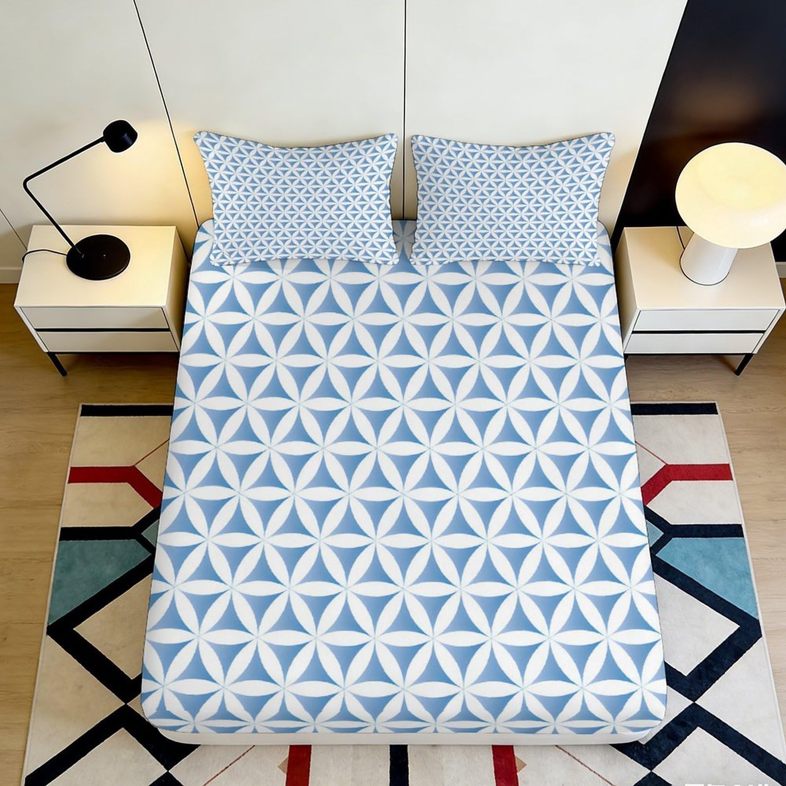 3D Printed Blue Geometric Fitted Sheet Microfiber Bedroom Decor Triangle Pattern Mattress Cover for Home Dorm Room 90x200x25cm