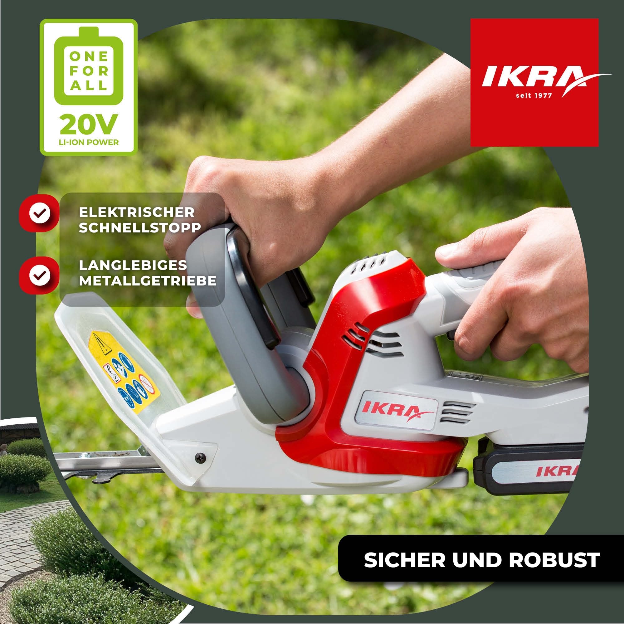 IKRA Heckenschere IAHS 20-1 inkl. 2 Akkus 20V & Schnellladegerät | Schnittlänge 54cm, Schnittstärke 18mm, Rundgriff mit Softgrip, Messer mit Anschlagschutz, 20 Volt Akku-Familie von IKRA