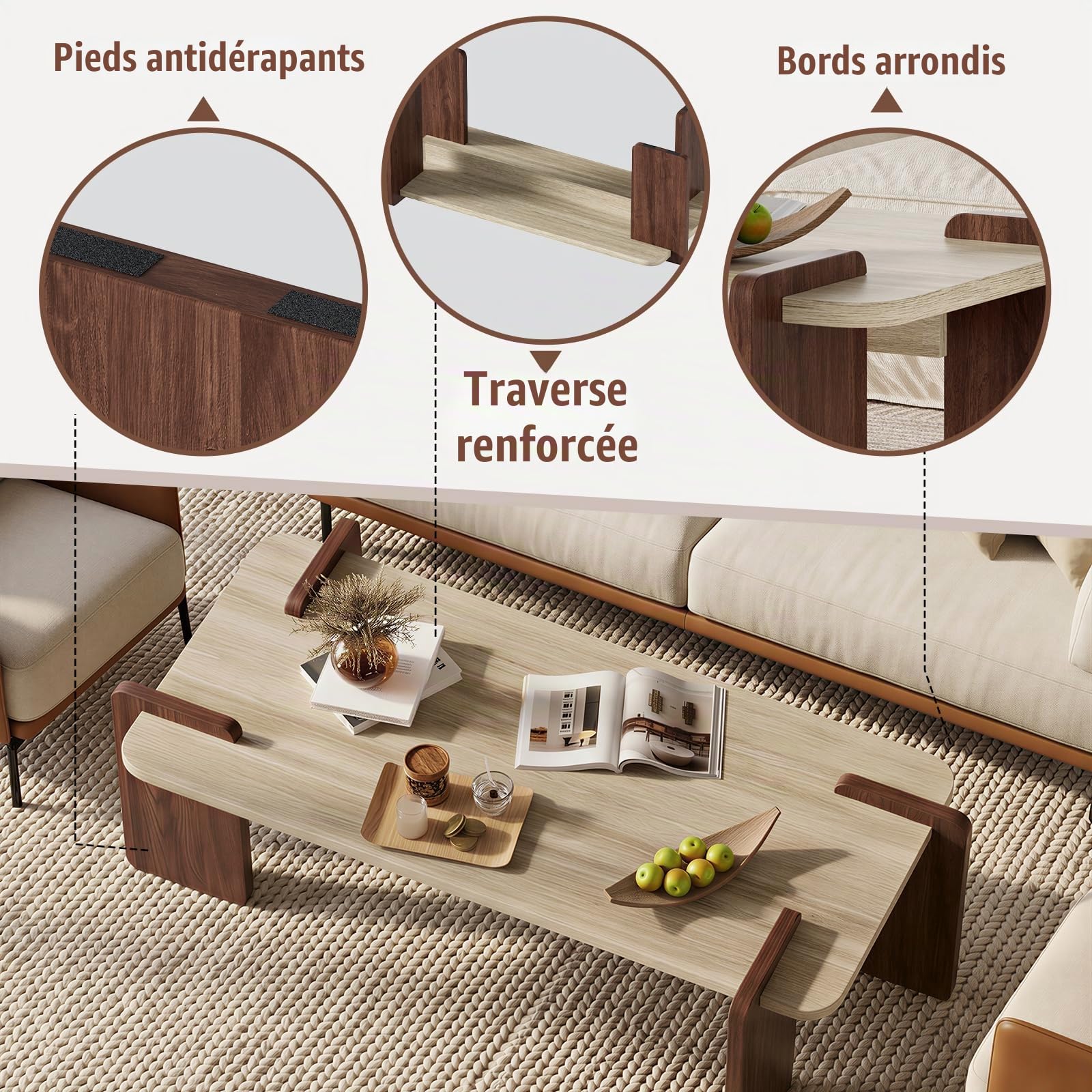 MSFE Table Basse en Travertin,Table Basse Bois Rectangulaire pour Salon,Élégante Table Centrale pour Café ou Thé avec Base Robuste et Coins Arrondis,110 x 40 x 50 cm