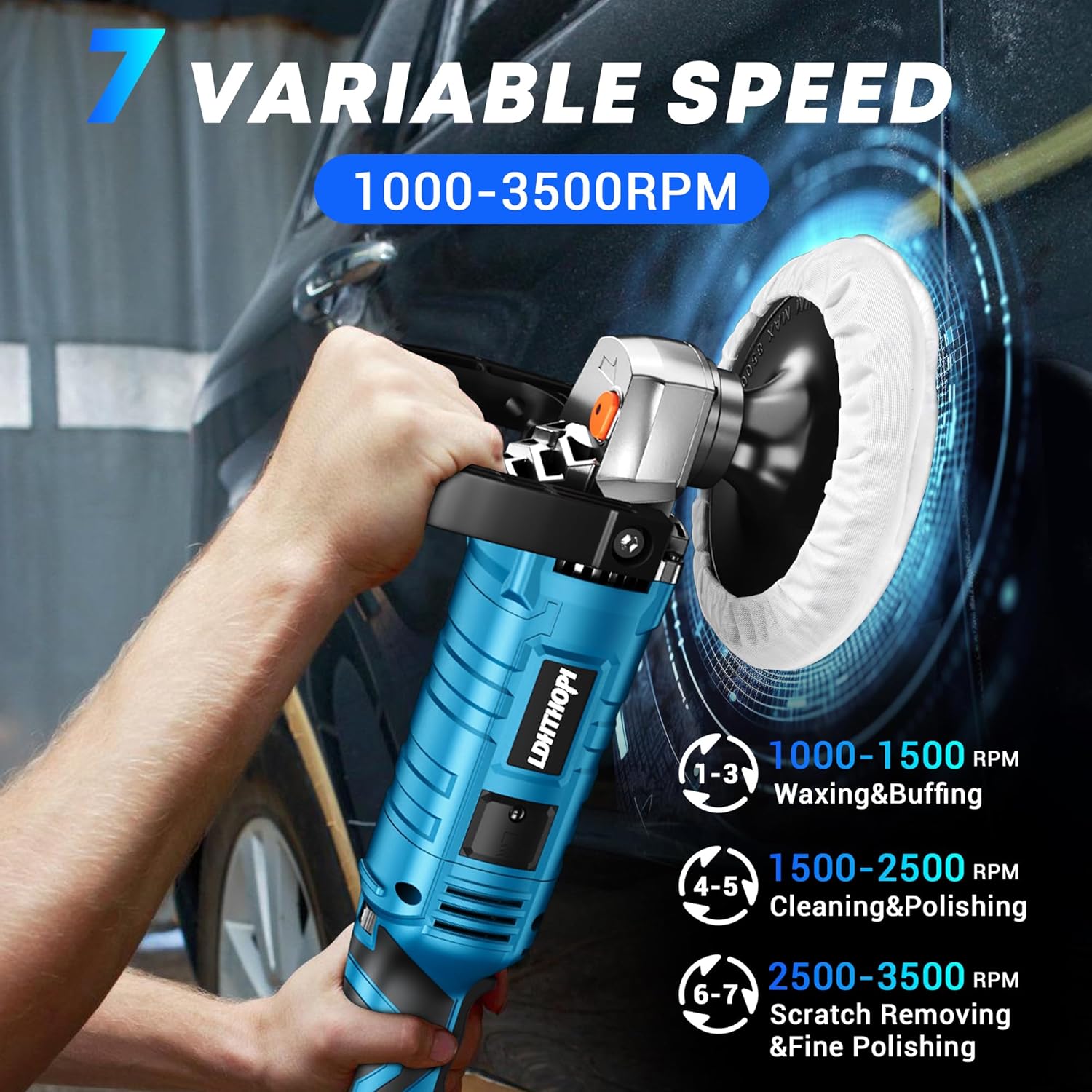 Buffer Polisher Kit for Car - 6/7 Inch Rotary 1700w Polisher Buffer Waxer,7 Variable Speed 1000-3500rpm,Detachable Handle Buffing Machine for Car, Boat Sanding, Polishing Waxing, Blue 3