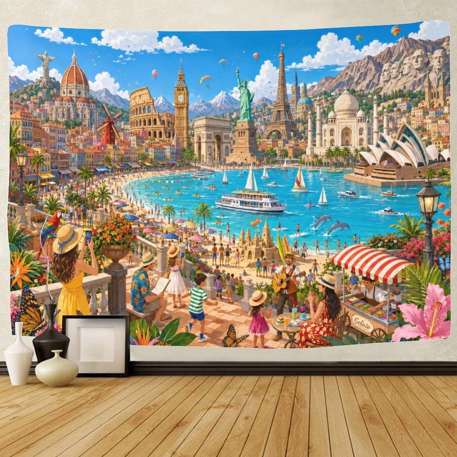 GPMNBCXZK World Famous Landmarks Collage 3D Print Wall Hanging Decor Tapestry Wall Art Decor Tapestries Poster Home Decoration Living Room Dorm 150cmx200cm