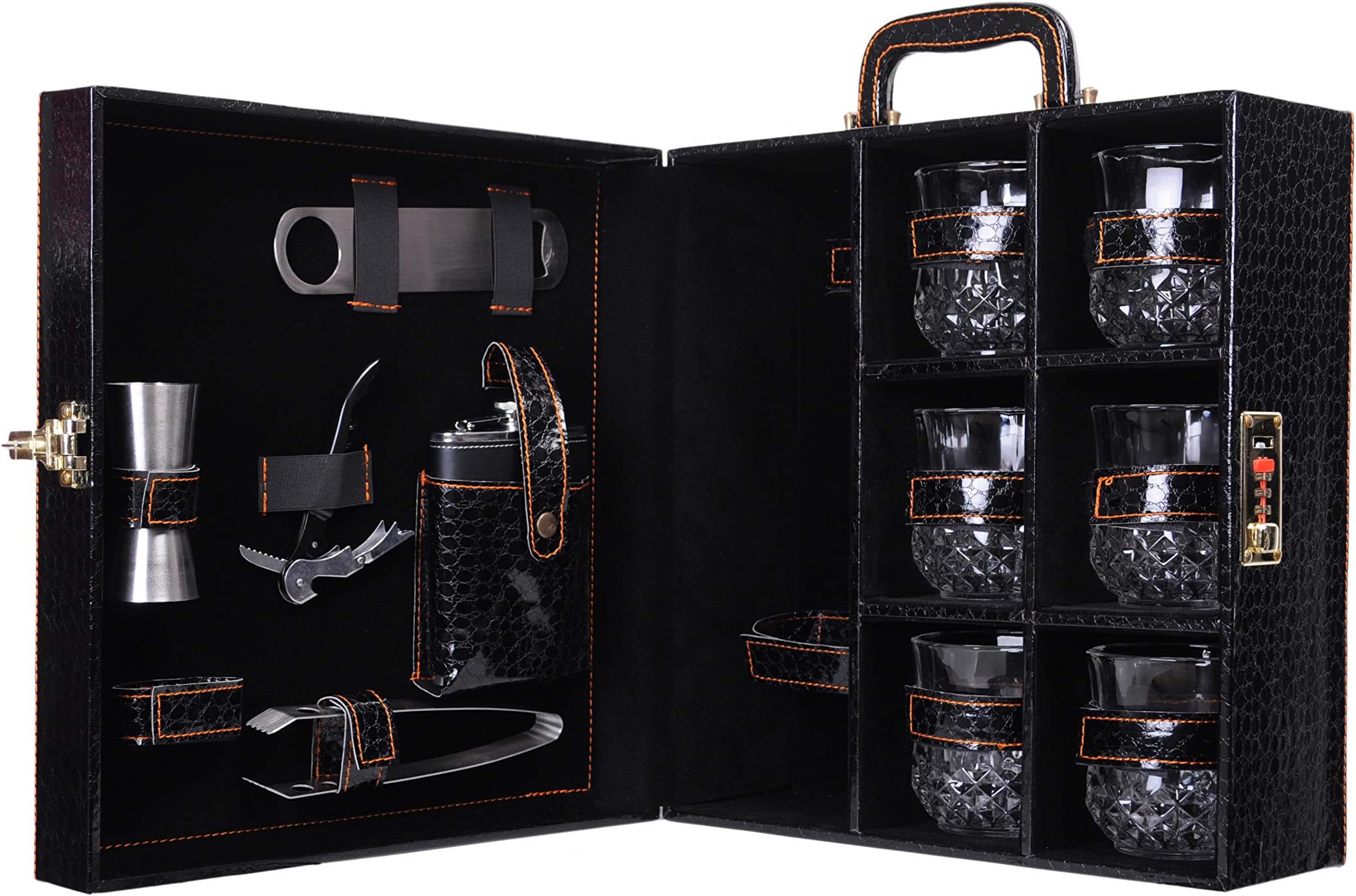 Croc Print Black Big Premium Bar Set With 6 Whiskey Glasses | Portable Leatherette Set for Picnic, Travel and Car
