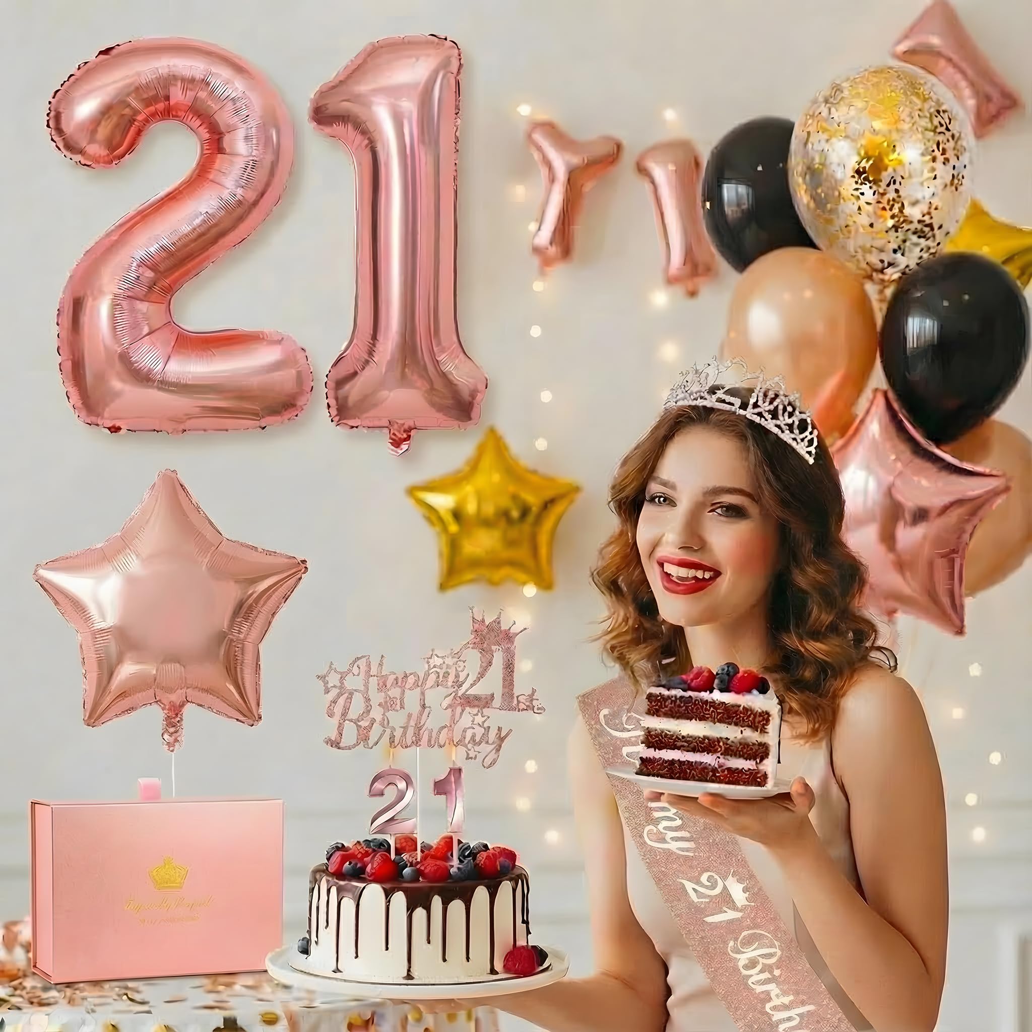 21st Birthday Decorations for Her Party-Rose Gold 21st Birthday Decorations Set with 21st Birthday Sash,Crown,Cake Topper,21st Birthday Gifts for Her&Balloons,Accompanying Card And Beautiful Gift Box 2