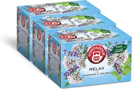 Pompadour, Relax Plus Herbal Tea with Valerian and Lemon Balm, 54 Filters (3 Packs of 18 Filters), Promotes Optimal Physical and Mental Relaxation, Lactose Free, Gluten and Allergen Free, Vegan