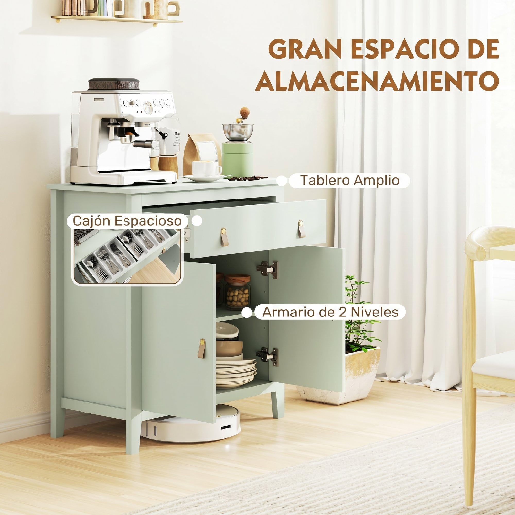 HOMCOM Aparador de 2 Puertas Aparador de Salón Moderno con Cajón Estante Ajustable y Tiradores de PU Mueble Auxiliar para Comedor Pasillo 80x40x90 cm Verde Claro