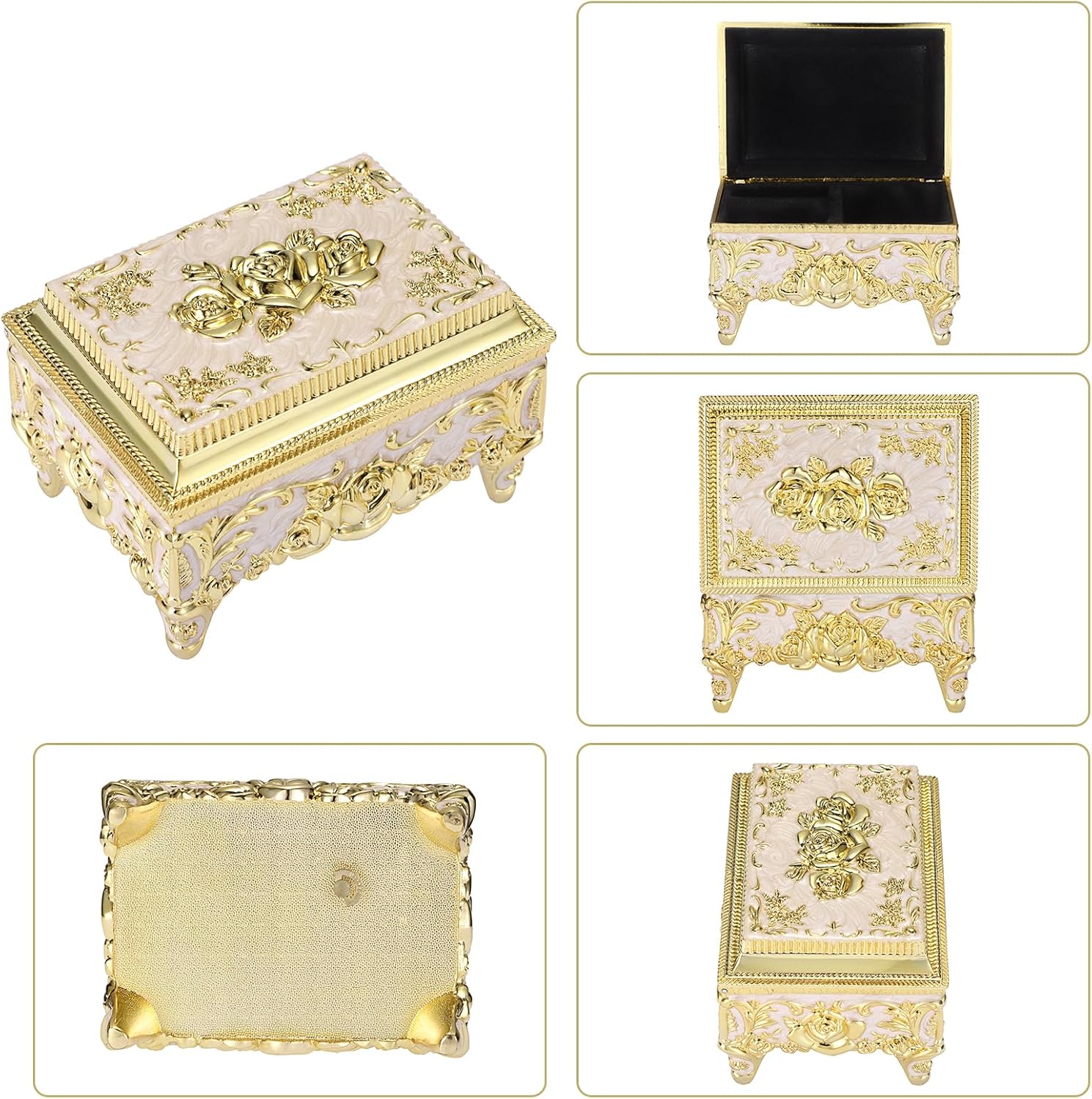 ELLDOO Vintage Music Box, Beige Metal Musical Jewelry Box Keepsake Box, Small Trinket Jewelry Storage Box Gift for Girl Women (Tune: You are My Sunshine), Gold Rose Pattern
