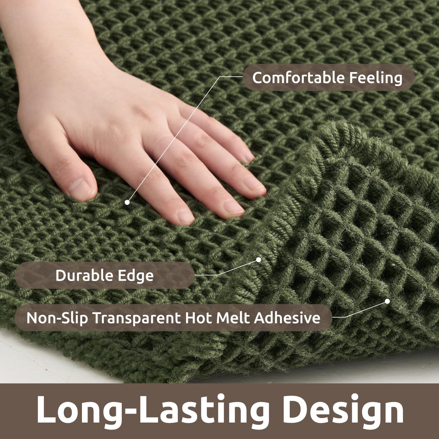 AMOAMI Waffle Bath-Mat, Absorbent Bath Mats for Bathroom Non Slip, Machine Washable Bathroom Rugs with Tassels Ultra Soft Boho Bath Rugs for Floor 17"x24" Dark Green - Image 4