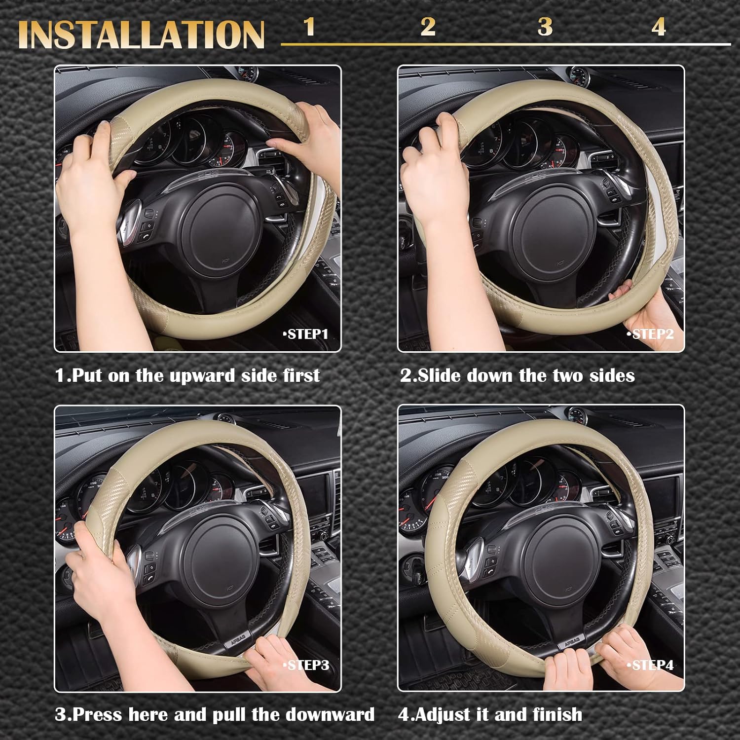 CAR PASS Line Rider Microfiber Leather Sporty Steering Wheel Cover Universal Fits for 95% Truck,SUV,Cars, Anti-Slip Safety Comfortable Desgin (Beige-Carbon Fiber) - Image 5