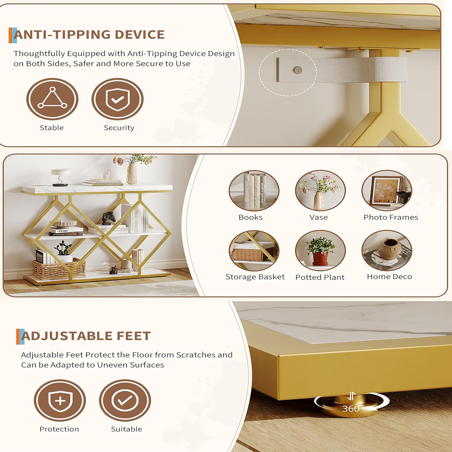 Garvee 3-Tier Entryway Table, Industrial Console Sofa Table with Storage, Accent Table with Open Shelves, Diamond-Shaped Gold Metal Frame, Foyer Table for Entryway, Hallway, Foyer, Living Room, White