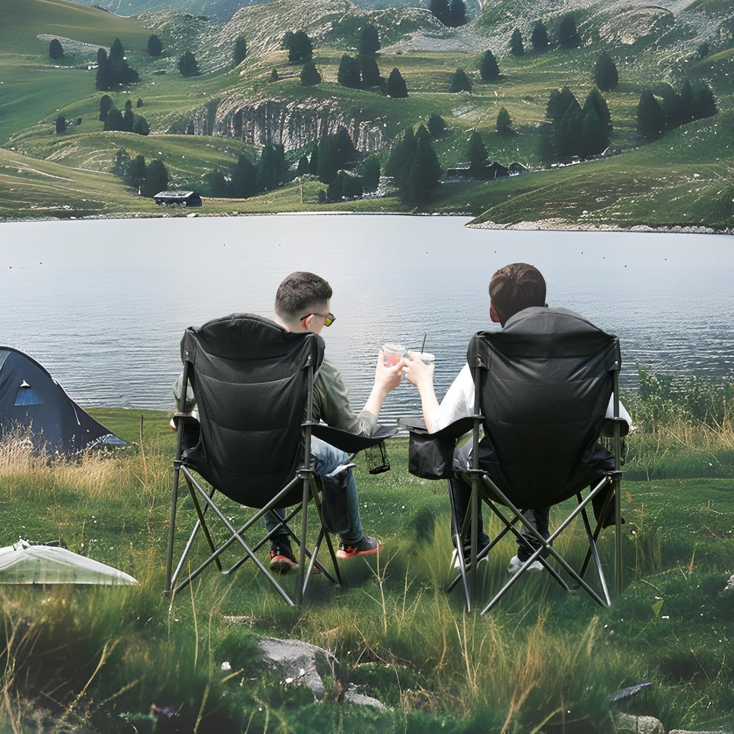 Camping Chairs, Outdoor Folding Chairs 2 Pack for Heavy People, Folding Chairs for Outside, Camp Chairs with Cup Holder & Cooler Bag, Supports up to 300lbs (2 Pcs, Camo)