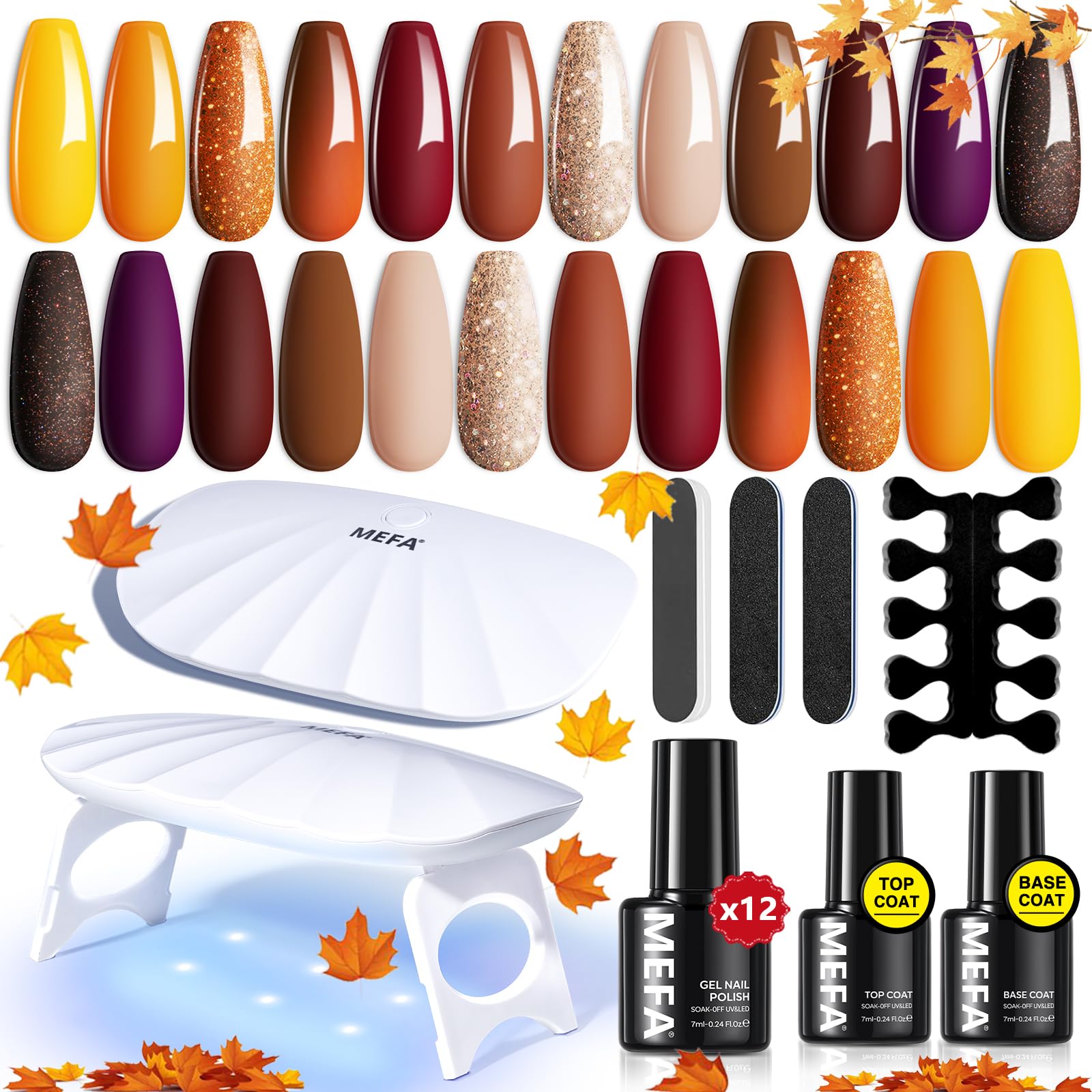 MEFA 19 Pcs Gel Nail Polish Kit with U V Light, 12 Colors Fall Gel Nail Polish Set Burgundy Red Champagne Gold Purple Glitter Gel Soak Off Manicure Tools Halloween Beginners Salon Art DIY for Women