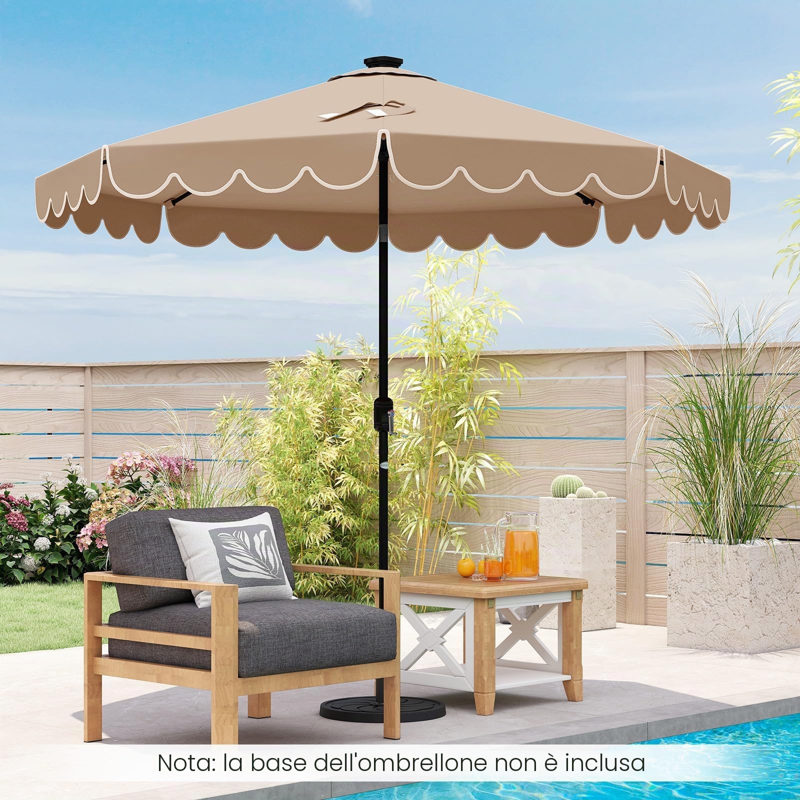 KOMFOTTEU Ombrellone da Giardino Ø 300 cm con 24 Luci a LED, Apertura a Manovella, Inclinazione Regolabile a 35°, Ombrellone da Esterno per Terrazza, Spiaggia, Balcone, Anti UV, Senza Base