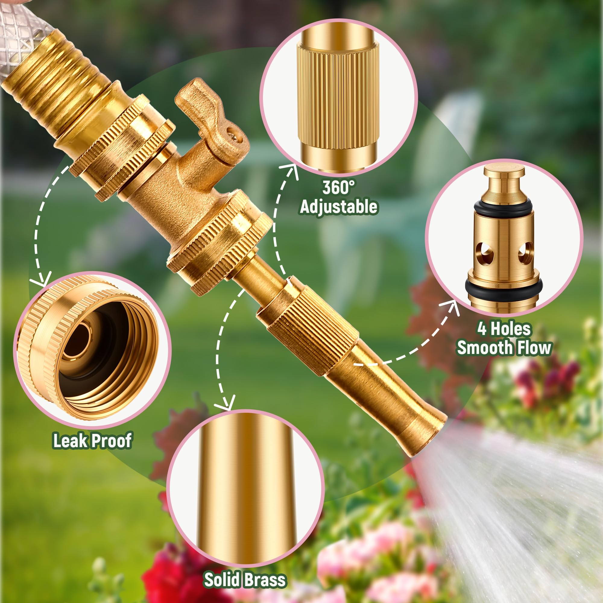 Boquilla de manguera giratoria ajustable, boquilla de manguera de jardín de latón resistente, válvula de cierre sólida, modo de regulación de agua variado, diseño a prueba de fugas, conector
