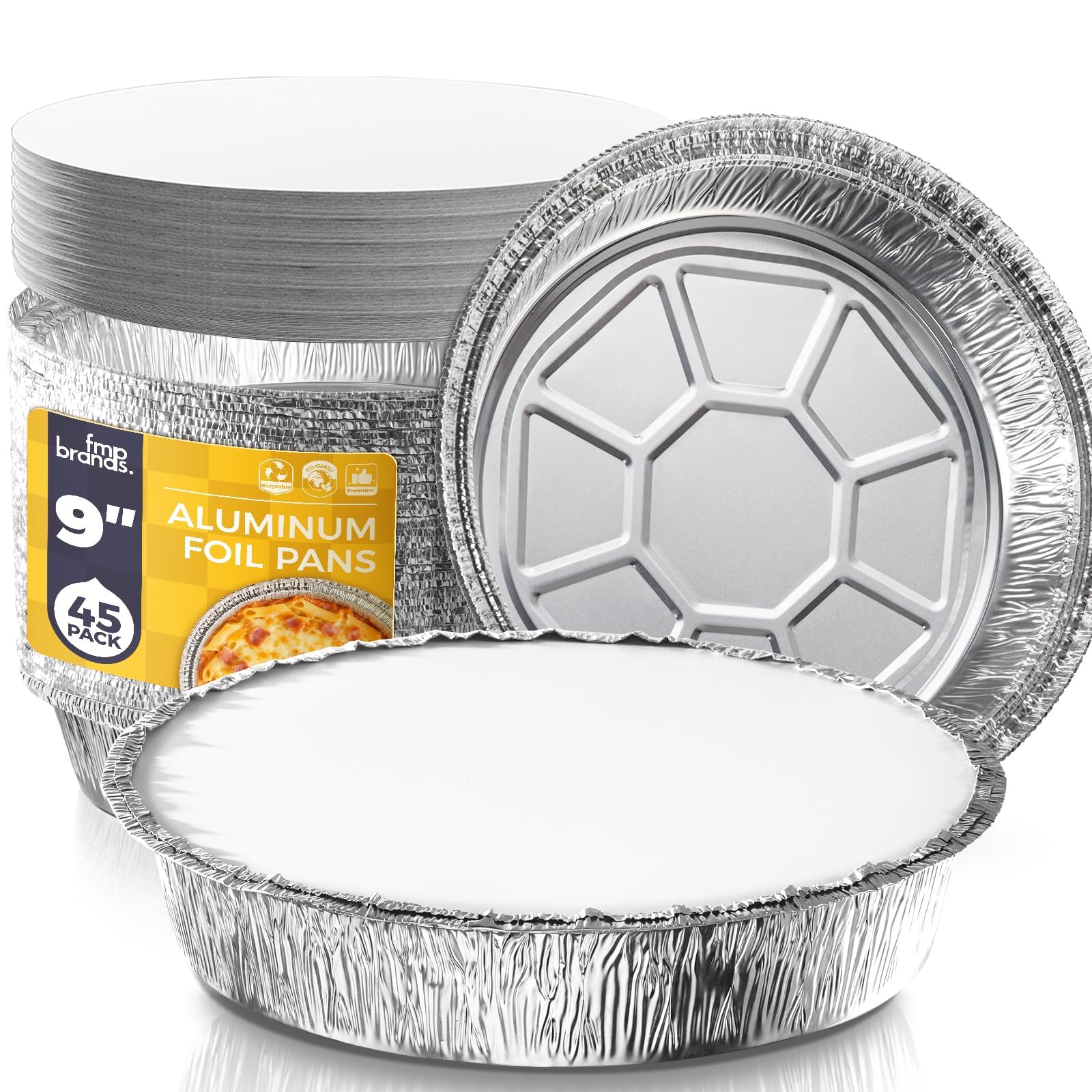 Fit Meal Prep 45 Pack 9 Inch/23cm Round Foil Trays with Lids, Disposable Aluminium Tin Foil Trays, Oven & Freezer Safe for Baking, Takeaway, Meal Prep & Food Storage