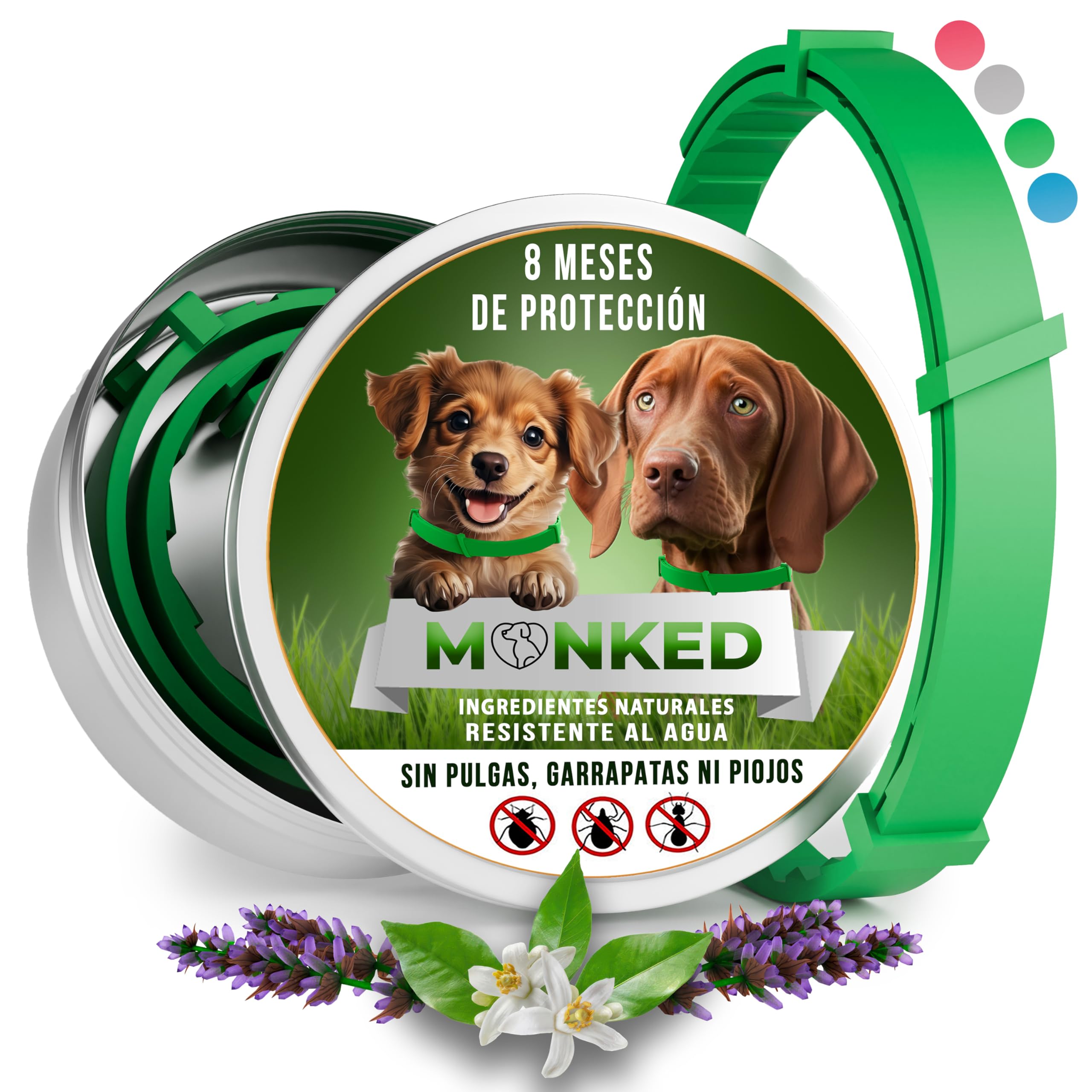 Monked | Collar antipulgas y antigarrapatas para Perros Natural sin químicos | hasta 8 Meses de protección | Ajustable para Todos los tamaños | Protección Duradera contra garrapatas (Grün)