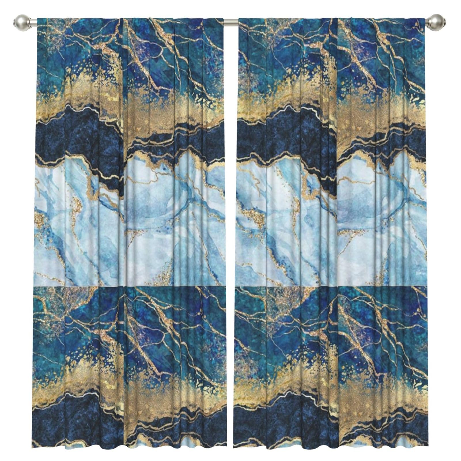 InOmak Abstract Paint Gold Glitter Blue Marble, 2 Panels Window Curtains 52 x 84 Inch Blackout Curtains for Living Room Bedroom