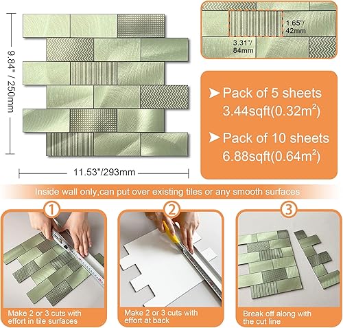 Miniatura 6 de VAOVI Mosaico autoadhesivo para despegar y pegar azulejos de pared de metal autoadhesivos para cocina color verde 10 unidades