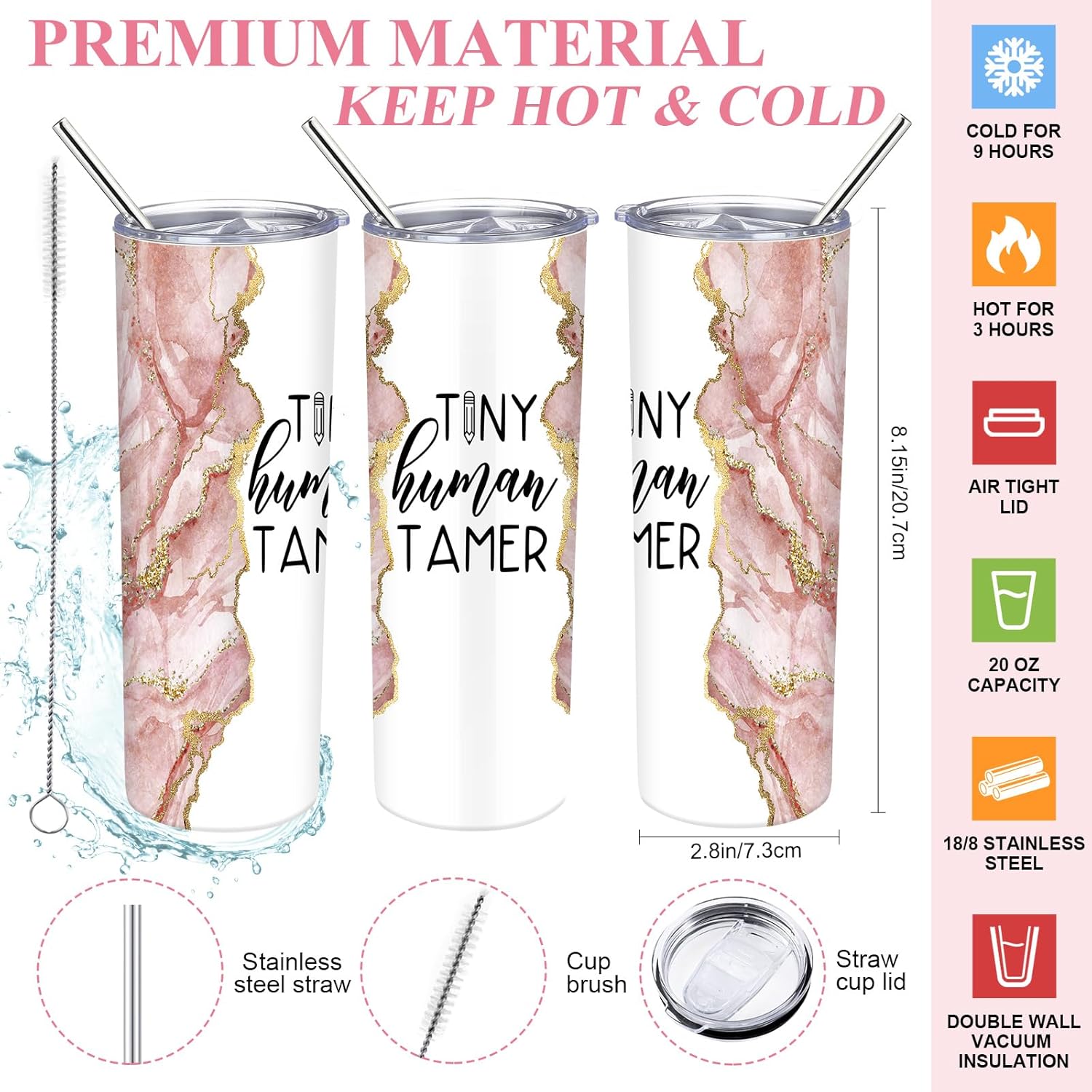 2 Pcs Tiny Human Tamer Gifts Daycare Teacher Appreciation Week Gift 20 oz Tumbler with Lid Tote Bag with Mesh Pockets Thank You Gift for Kindergarten Teacher Graduation Favors(Tamer,Pink) - Image 3