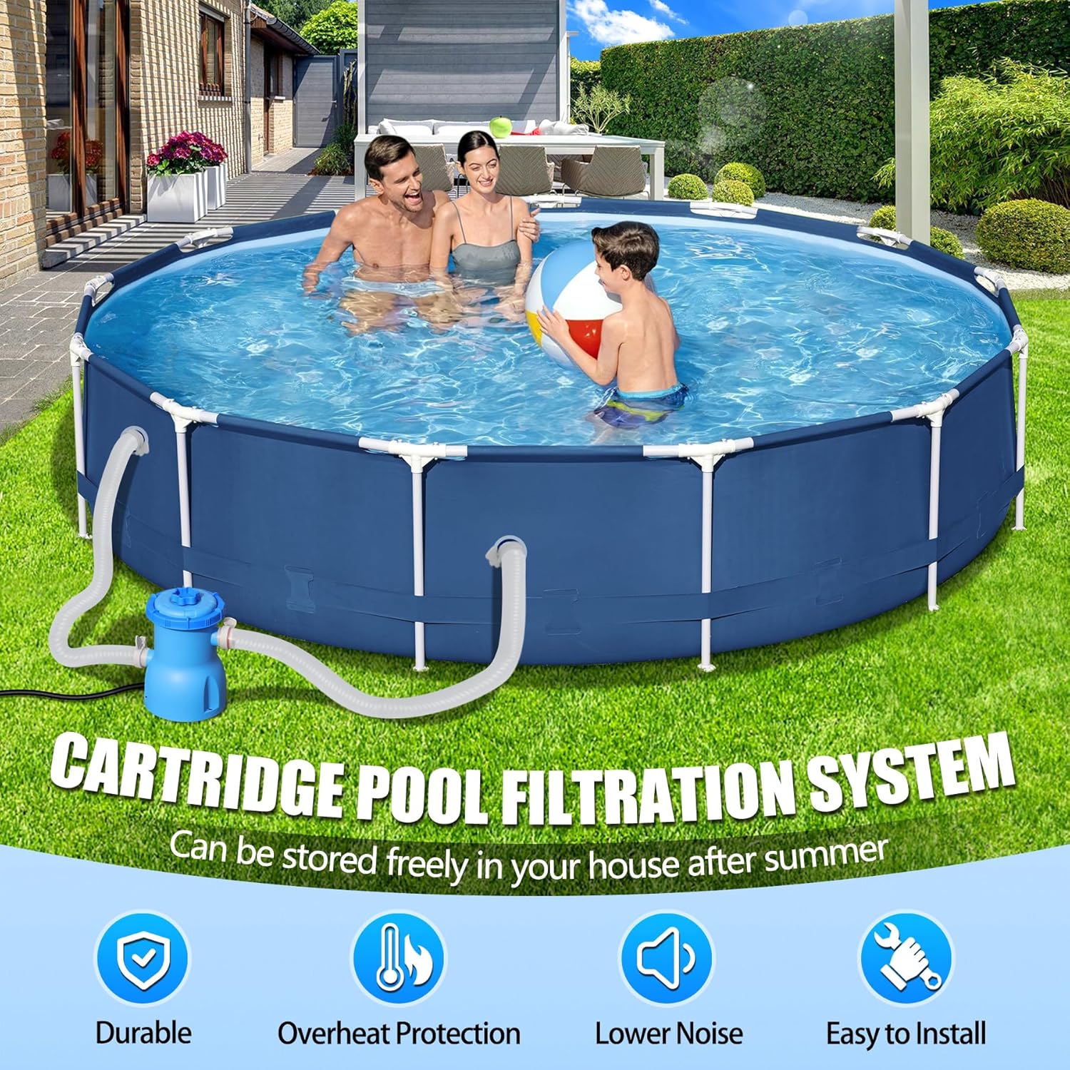 300 GPH Pool Filter Pump for Small Above Ground Pools, ETL Certified Pool Cartridge Filter Pump System with GFCI, Safety & Reliable Water Circulation Pumps - Rapidly Capture Debris in Water