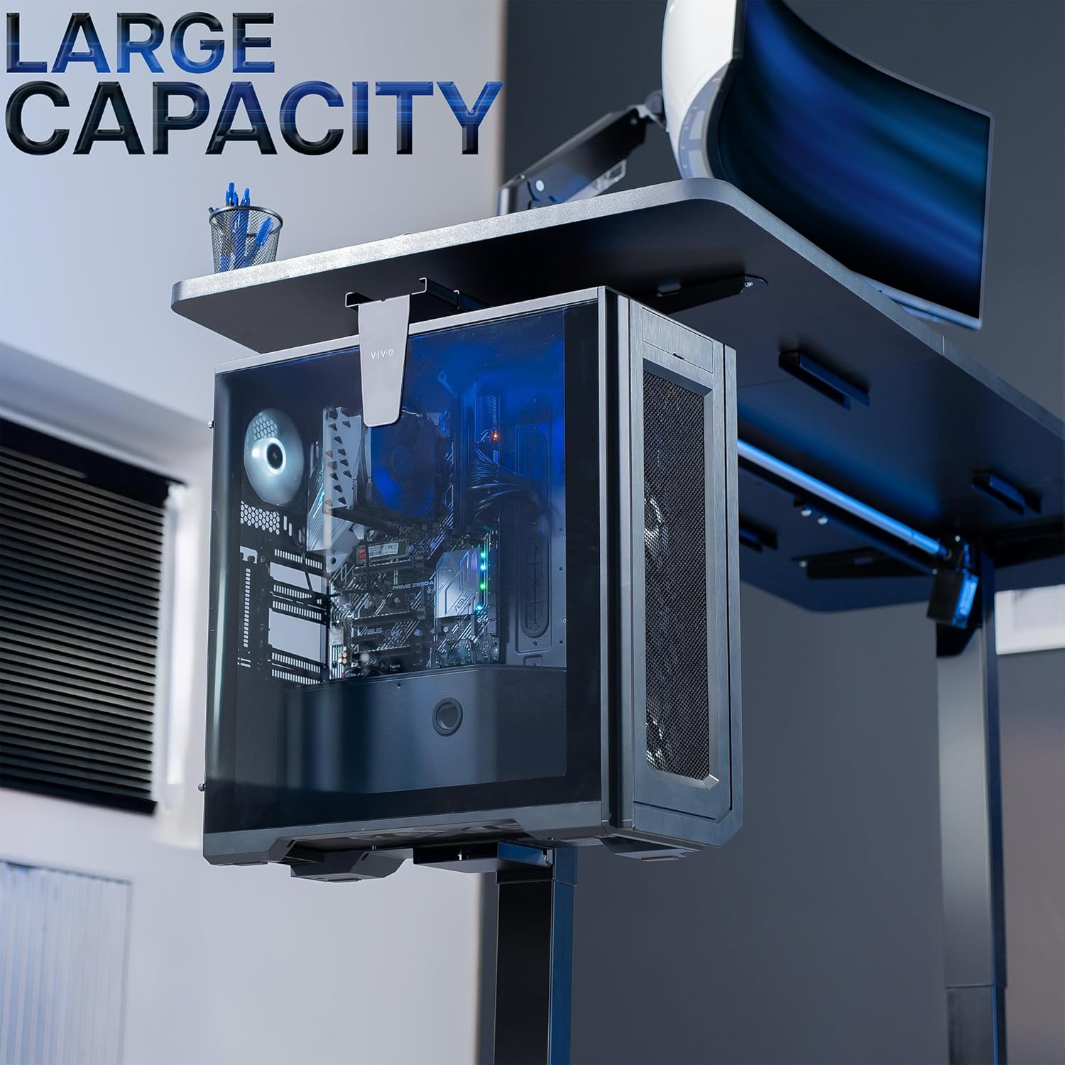 VIVO Adjustable Clamp-on Desk Leg Large PC Mount, Under Desk CPU Storage, Computer Case Holder with Tool-Free Installation, Black, Mount-PCLC1