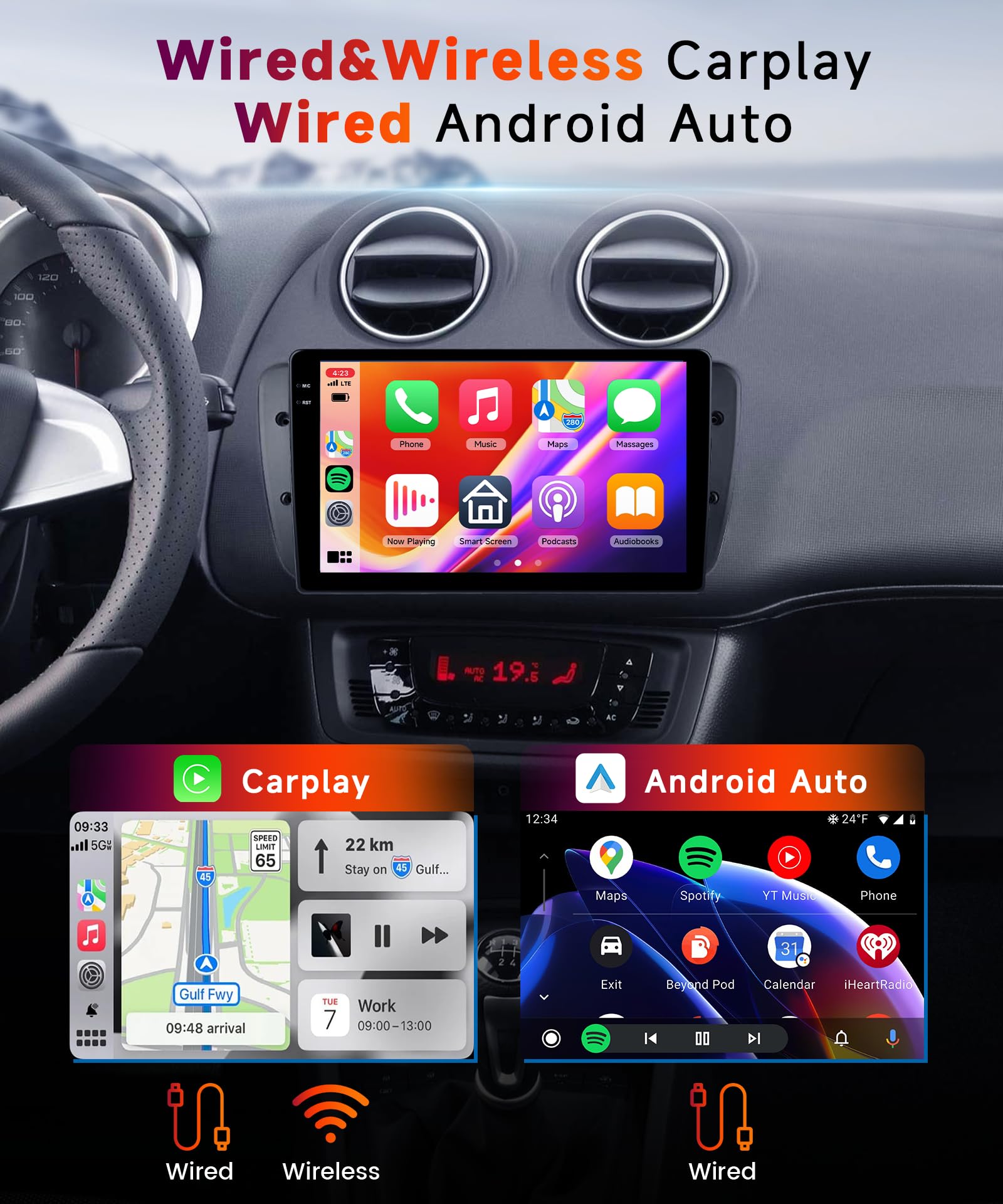 Radio samochodowe Hodozzy Carplay 4 + 128 G, do Seat Ibiza 6j 2009-2013, 9-calowy ekran w komórce, stereo, samochody stereo Bluetooth 5.0 z Android Auto/EQ/GPS/Wifi/RDS/USB/SWC + kamera cofania do
