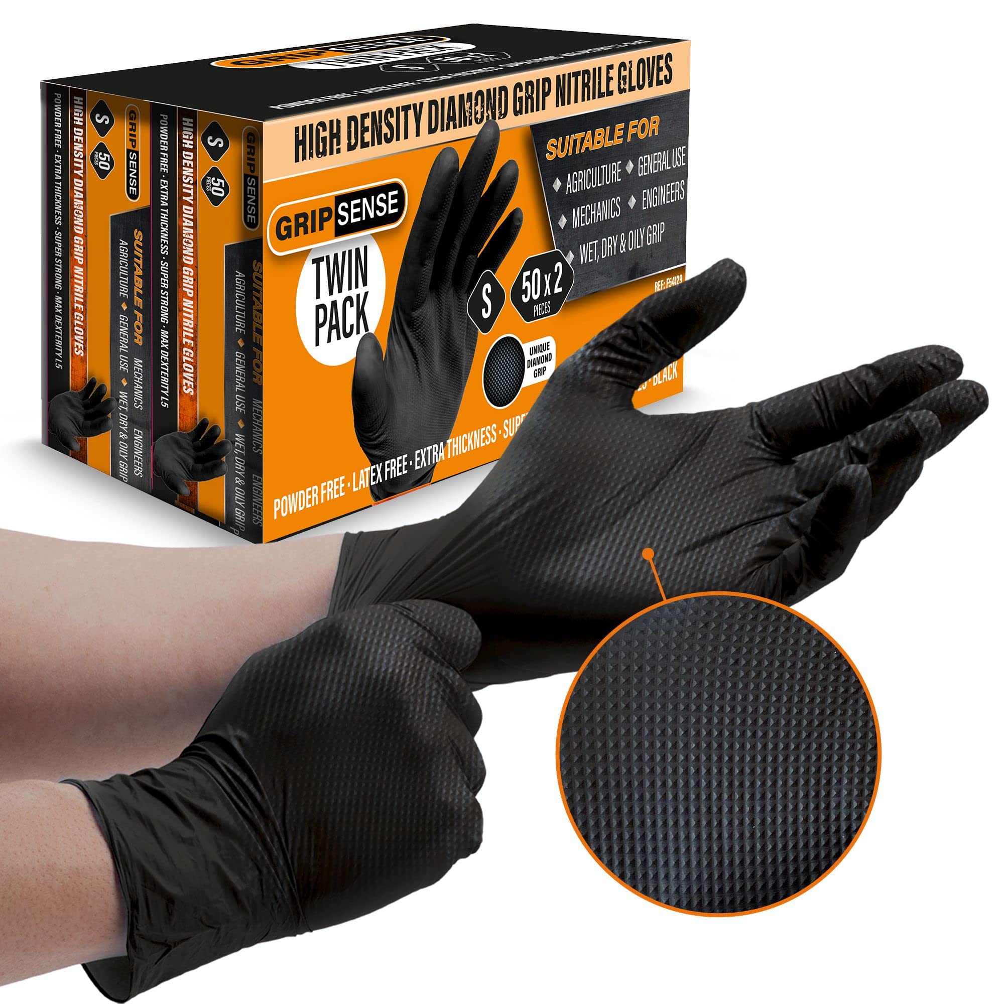 GripSenseNitrile Gloves (2 Packs of 50) - High Density Diamond Grip Black Gloves - Latex & Powder Free Black Nitrile Gloves Large - Mechanic Gloves Extra Thick & Super Strong - Max Dexterity L5