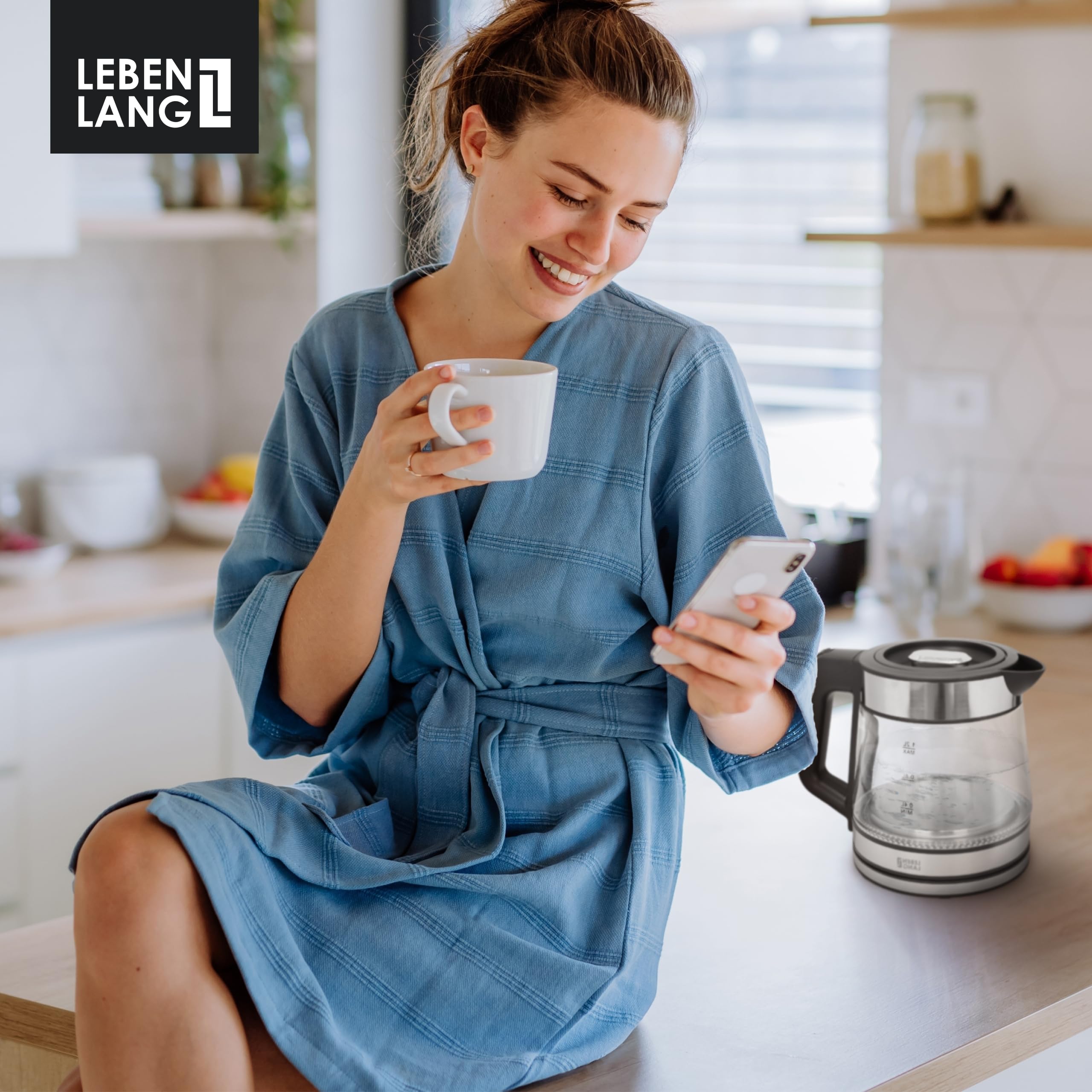 LEBENLANG Hervidor de agua de vidrio compacto – 1,2 litros con iluminación LED I Diseño de acero inoxidable sin BPA 1 L / 1,2 L I Hervidor de viaje pequeño para camping Hervidor de vidrio