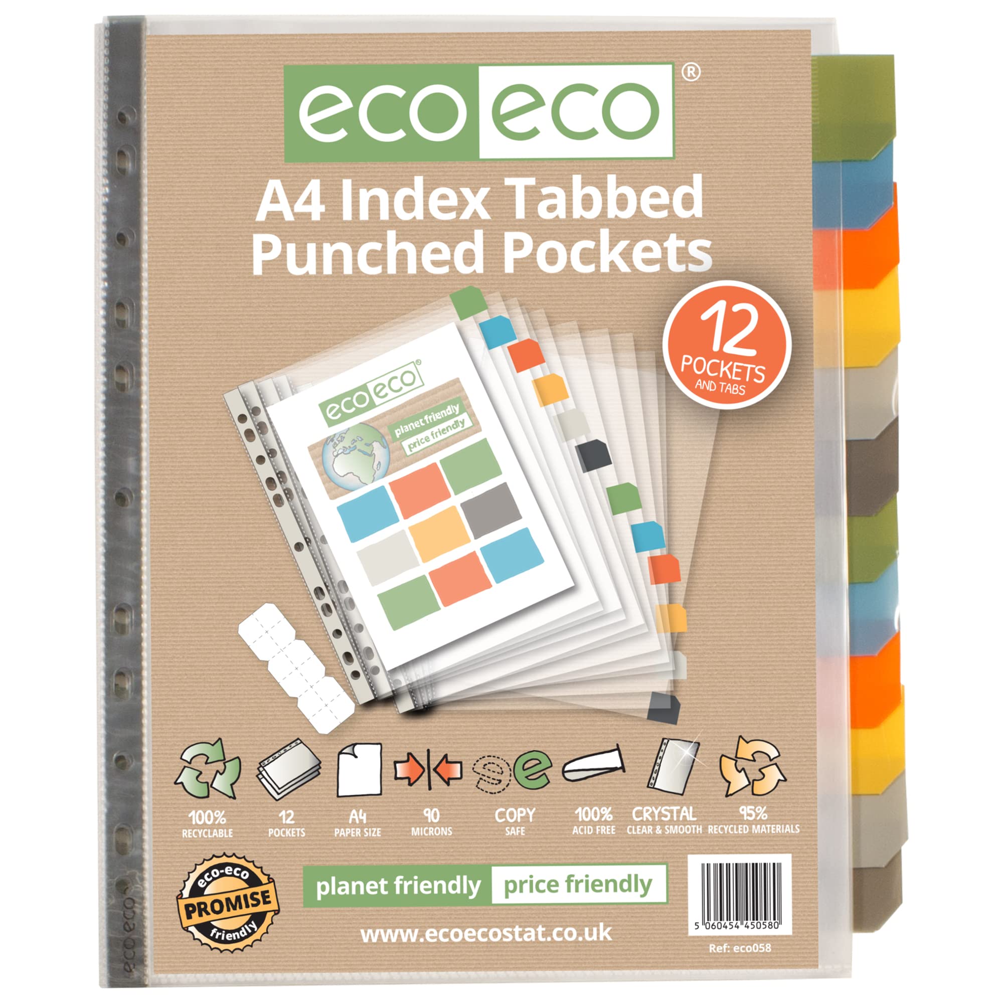 eco eco A4 Punched Pockets With Index Tab Dividers 12 Pockets 95% Recycled X 2