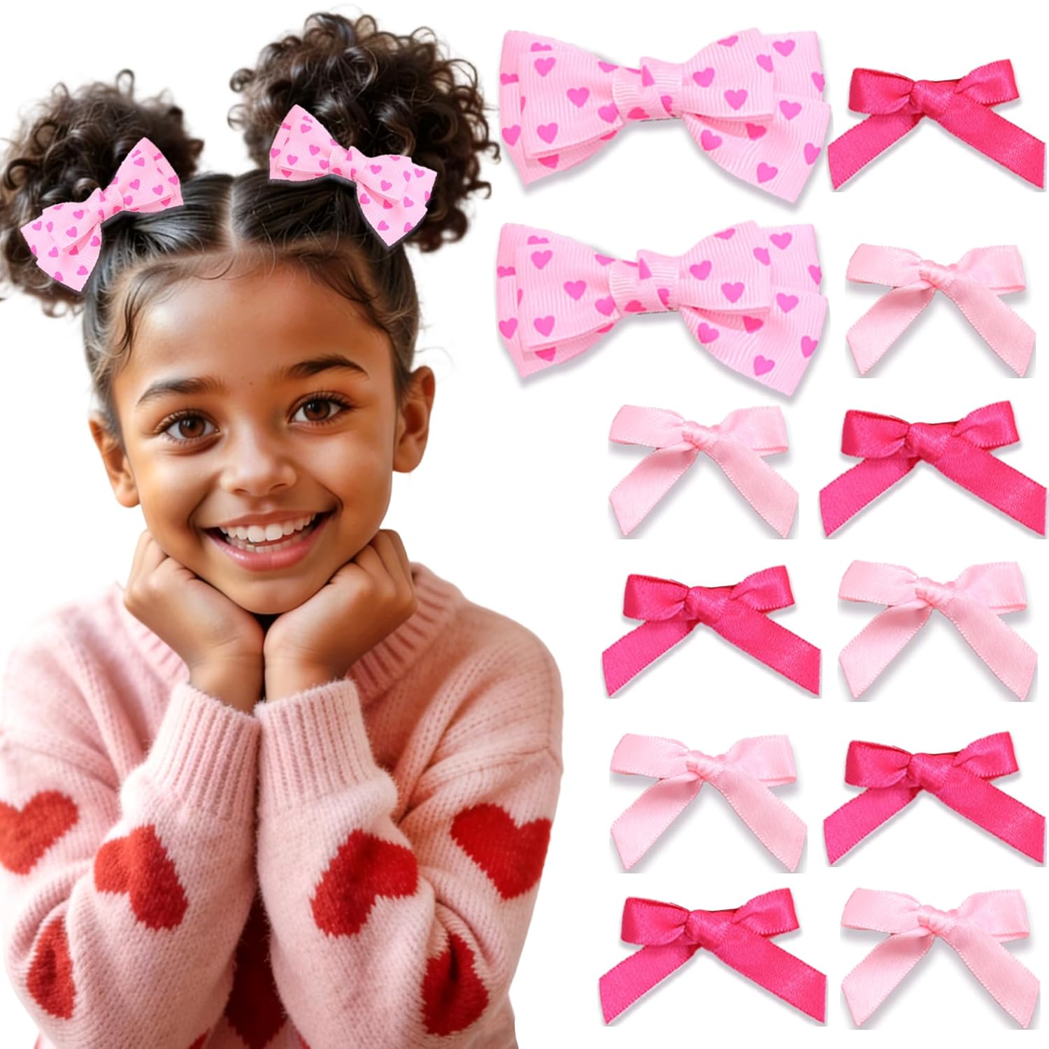 12PCS Valentines Heart Hair Bows Small Pink Silk Satin Bows Clips Mini Bow Hair Clips Cute Bowknot Hair Barrettes for Girls Women Decor Party Date