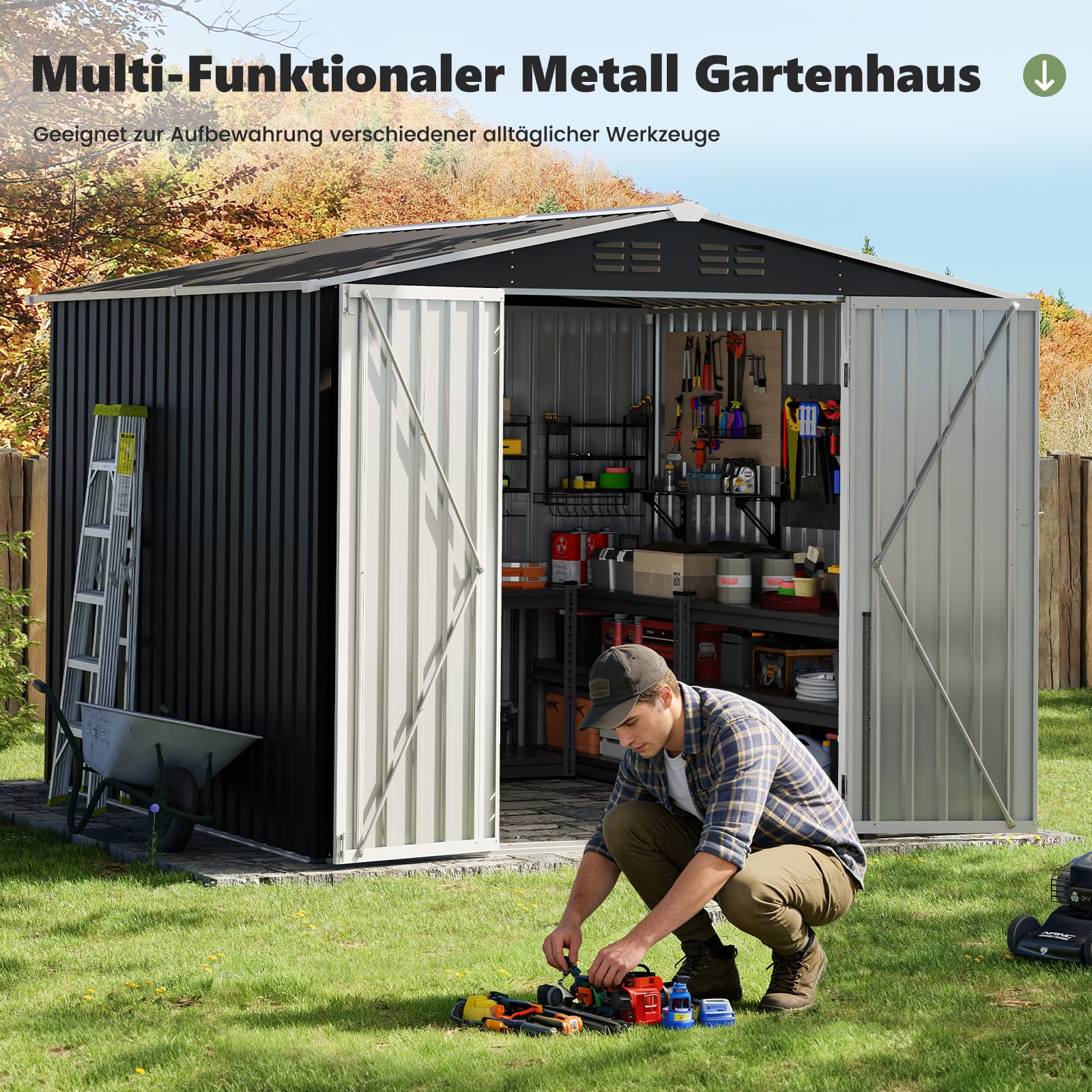 UDPATIO Metall Gartenhaus mit 10 m³, Pultdach - 250 x 248 x 194 cm für den Außenbereich, Geräteschuppen, Fahrradgarage, Verzinkter Stahl mit Abschließbarer Tür für Hinterhof,Dunkelgrau