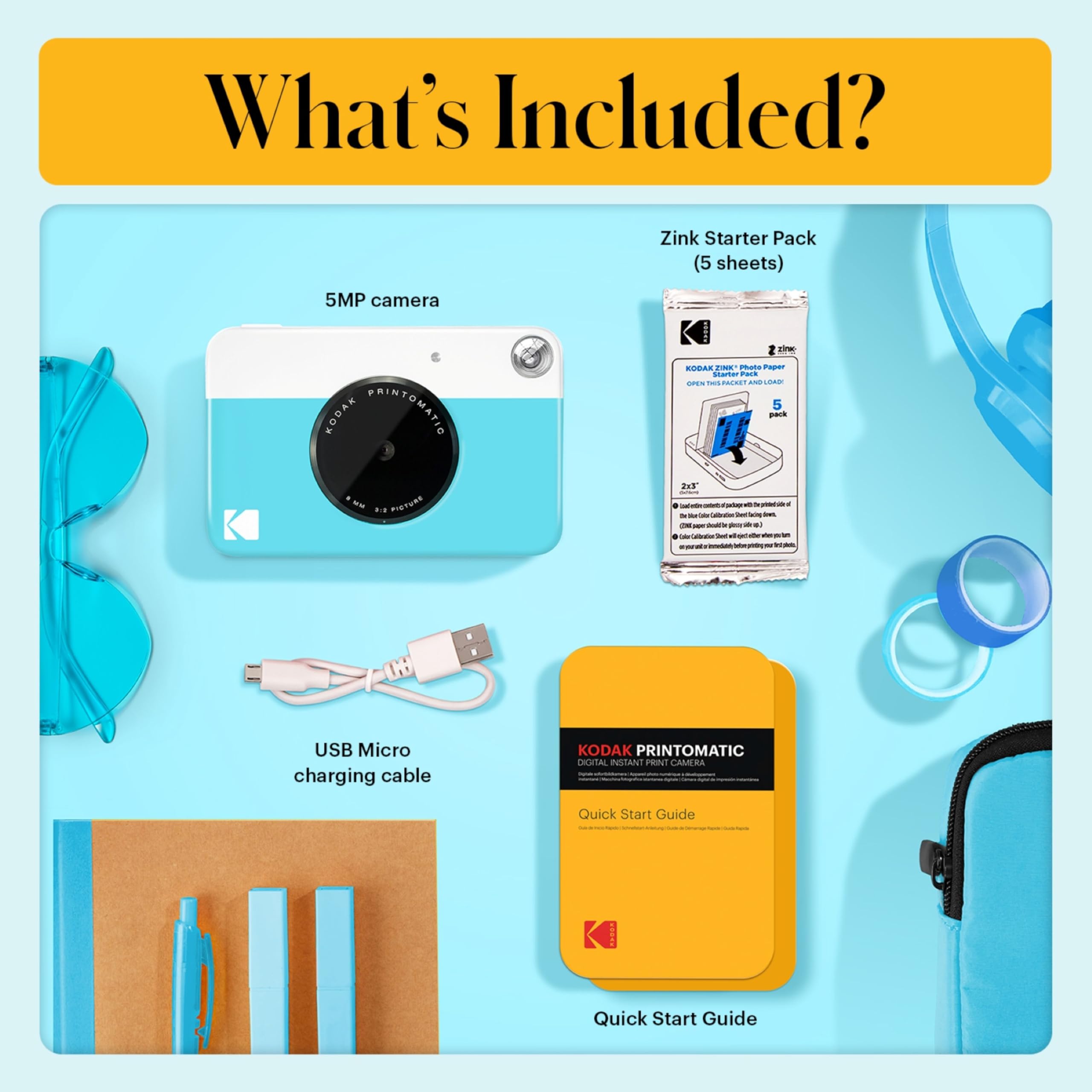 KODAK Printomatic Pełnokolorowy zestaw startowy aparatu do natychmiastowego drukowania + miękkie etui + cynk 20 sztuk papieru fotograficznego, kolorowe zdjęcia na papierze samoprzylepnym 5 x 7,6 cm,