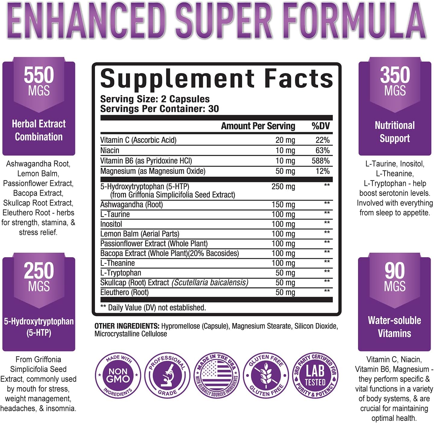 Premium 5-HTP Plus Supplement 250mg Maximum Strength - Sleep Aid, Mood Boost, Promotes Calm & Relaxation, Stress Management Support - Enhanced with Vitamin B6, Gluten Free, Non-GMO, 60 Veggie Caps : Health & Household