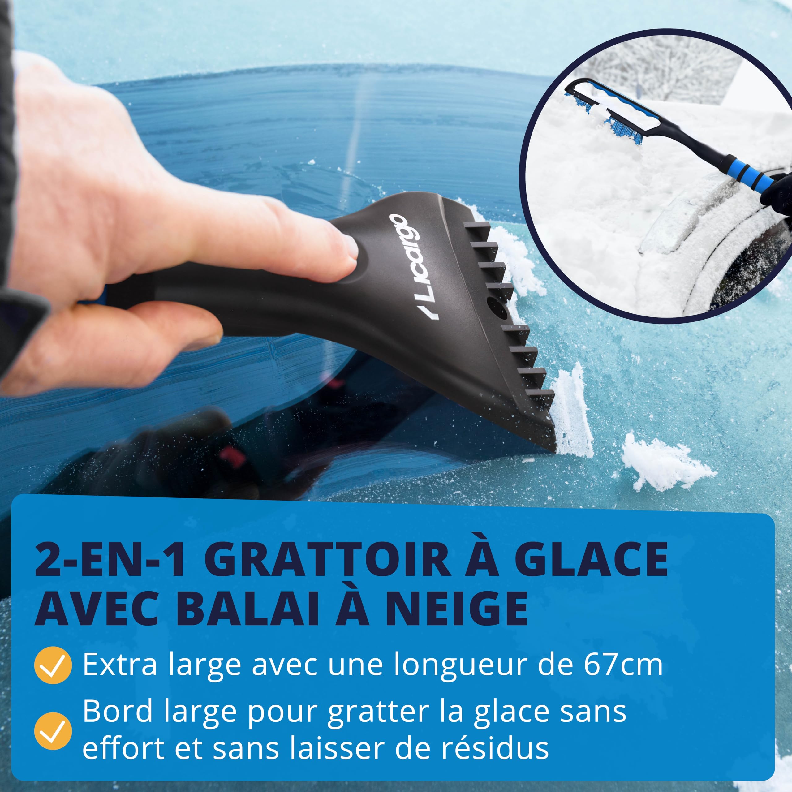 LICARGO Grattoir à Glace avec Balai - Grande Lame et Poils Doux pour la carrosserie - 67 cm de Longueur avec Une poignée antidérapante et Isolante - Grattoir à Pare-Brise Robuste et Balai à Neige