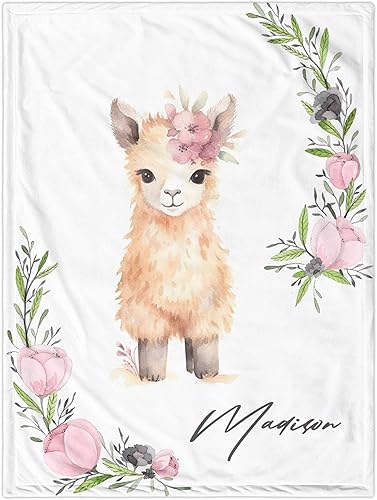 Manta de bebé personalizada con llama, manta de bebé para niña pequeña, manta de bebé floral con nombre que recibe manta de bebé, manta de felpa