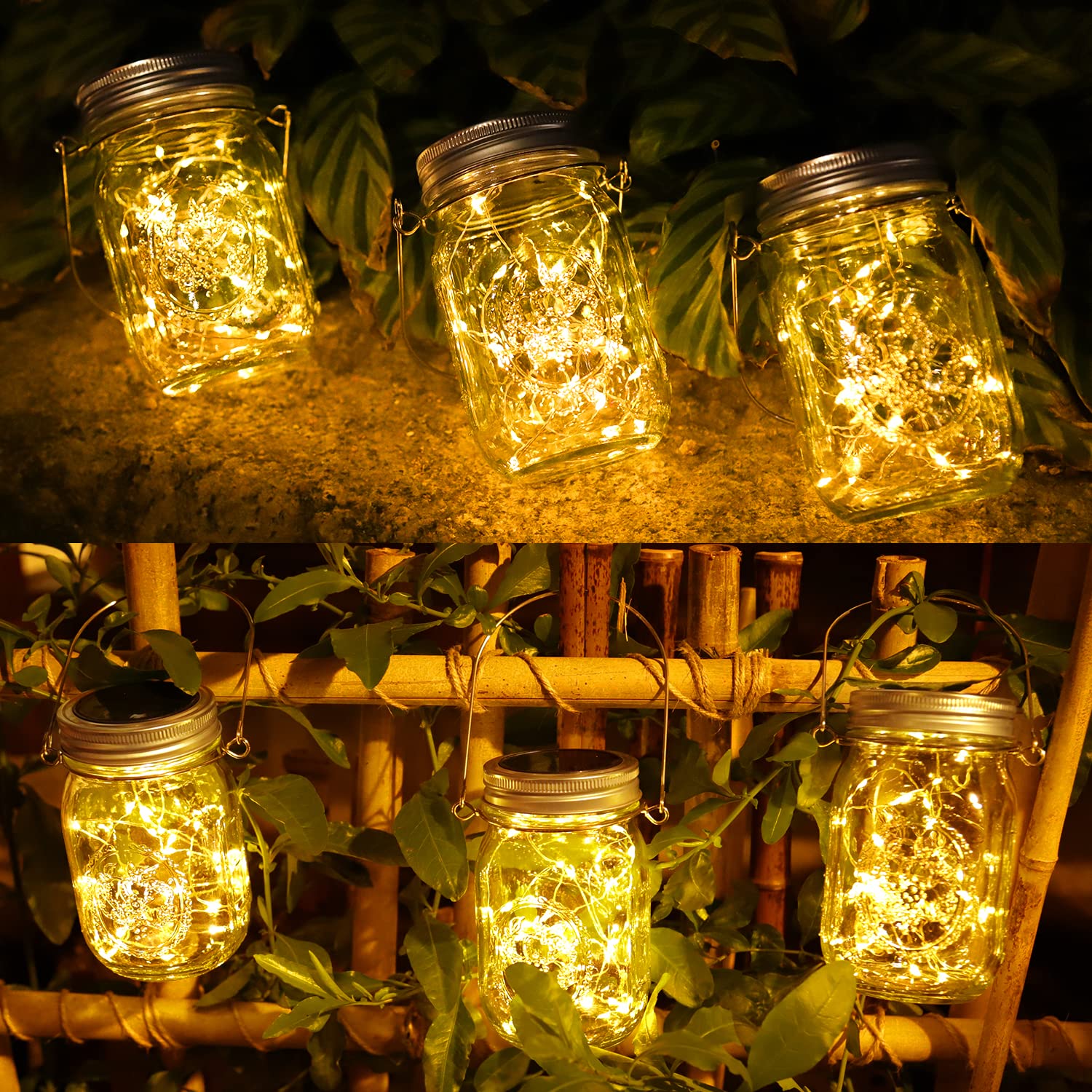 Lumière de Jardin Solaire - 4 Pièces Lanterne de Verre Solaire Imperméable Mason Jar Lanterne Jardin Exterieur pour Décoration de L'éclairage Intérieur Extérieur Chambre Maison Noël (4 Pièces)