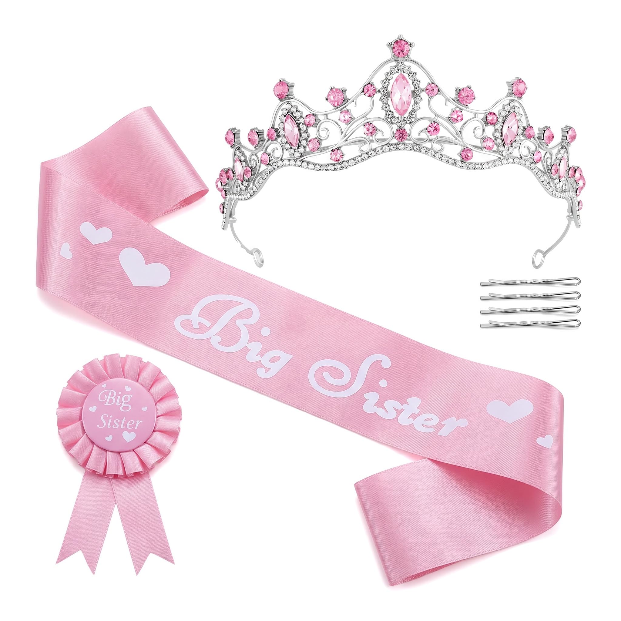 Big Sister Accessory Set,Badge Pin Big Sister to Be Accessory Set Pink Metal Rhinestone Crown Announcement Party 7Pcs Glitter Cute Sibling Gift (Pink)