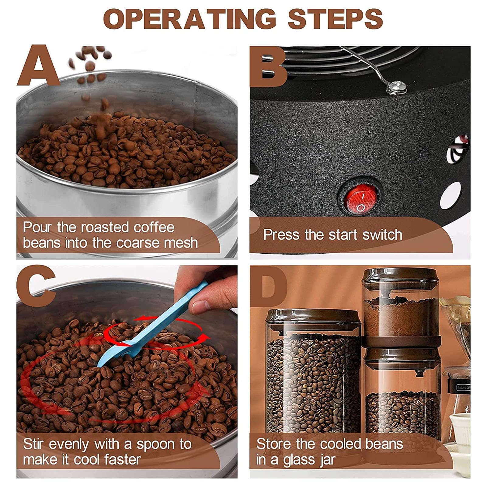 Enfriador de granos de café eléctrico, máquina de enfriamiento de tostado de acero inoxidable, orificio de tamiz de 5mm para tostar café en casa