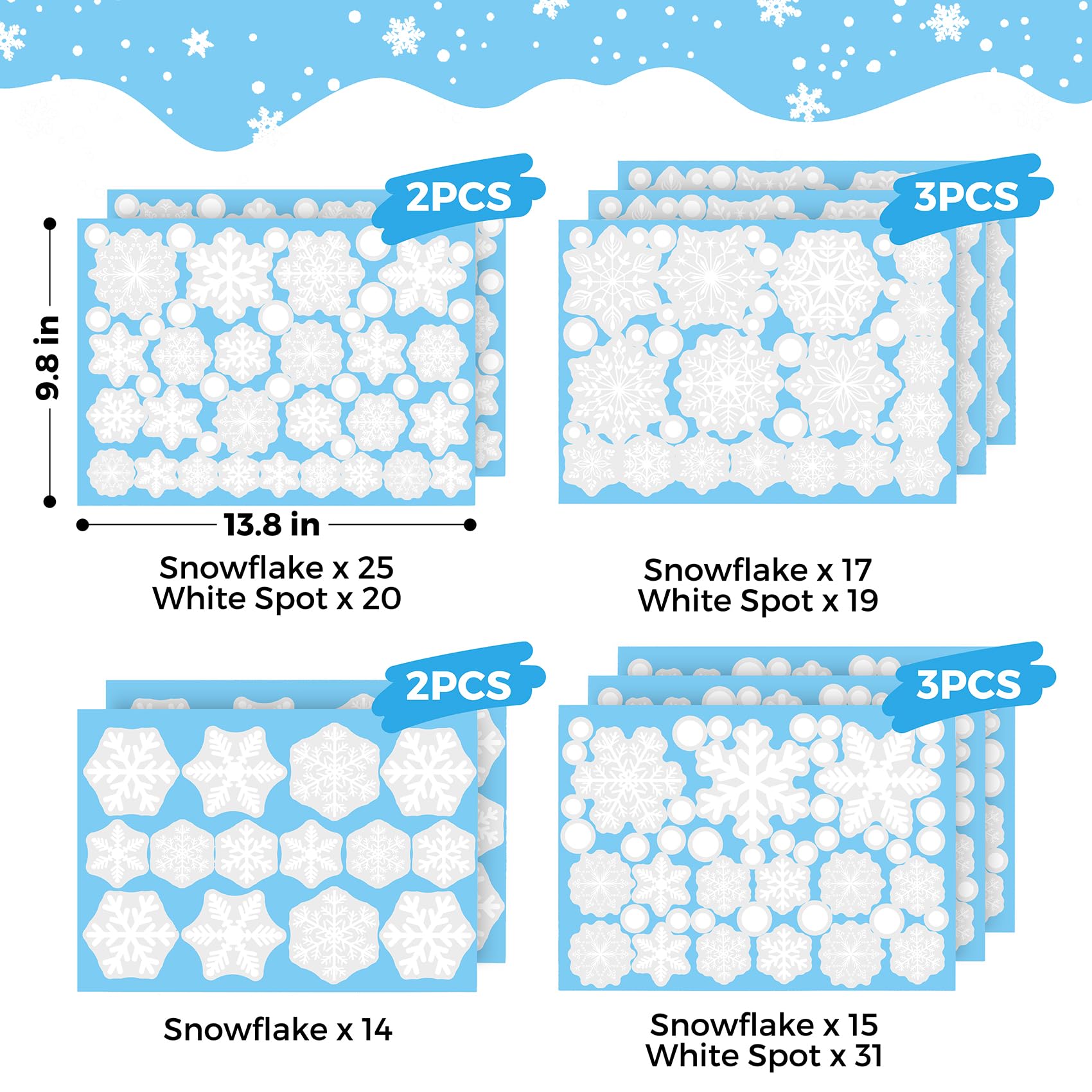 364 calcomanías de copo de nieve para ventana, calcomanías de copo de nieve de Navidad, 10 hojas de calcomanías de ventana de Navidad, decoraciones de copo de nieve para ventanas de vidrio,