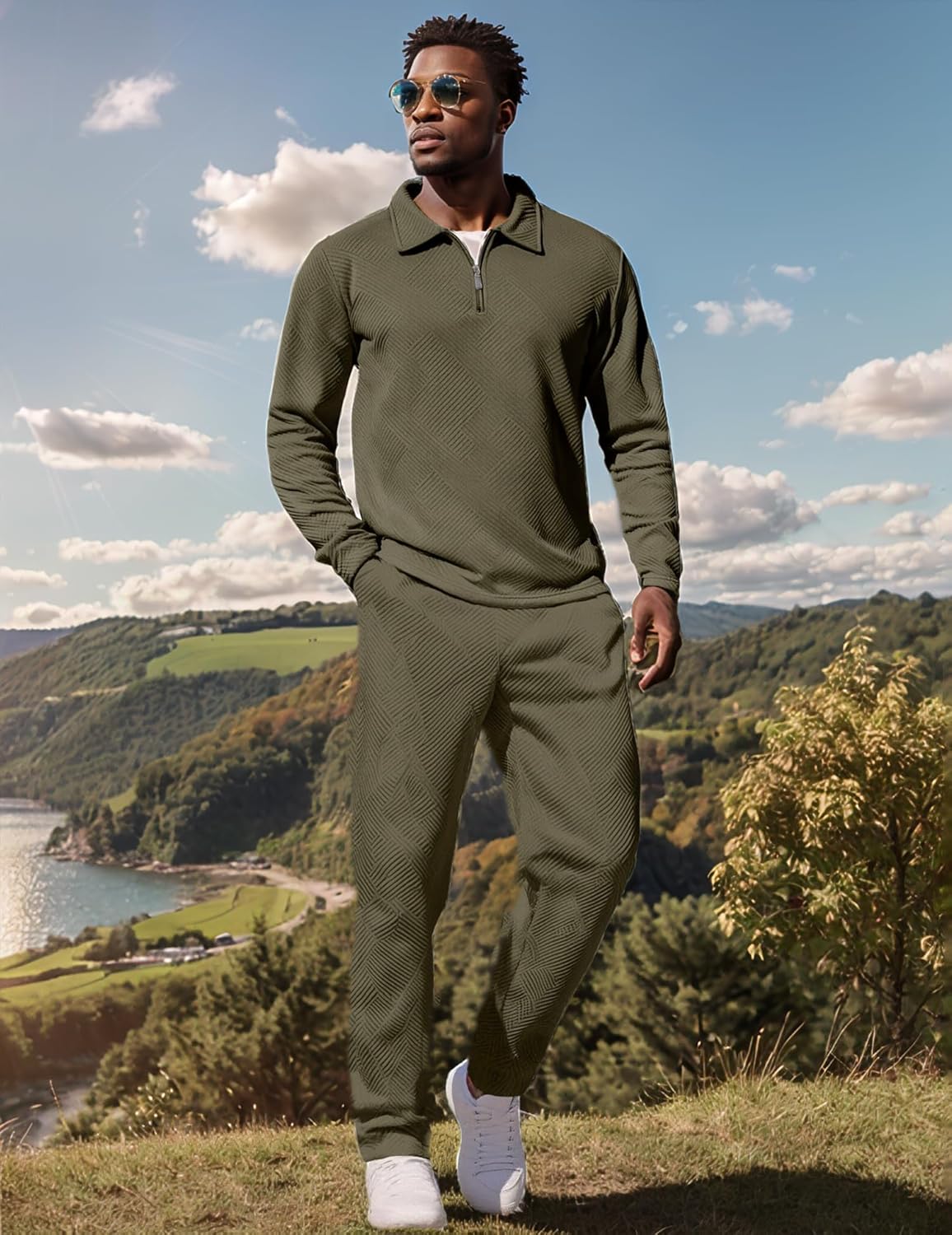 UOUA Mens 2 Piece Set Casual Outfits Polo Long Sleeve Shirt & Pants Tracksuit Loungewear Athletic Jogger Sweatsuit - Image 4