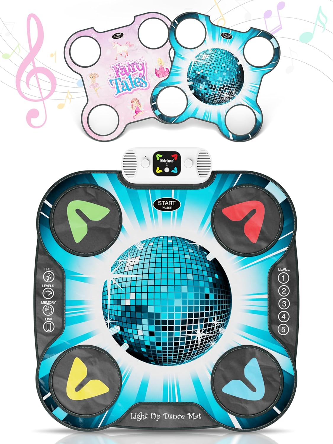 kidzlane light up dj dance mat for kids - bluetooth & aux compatible - 3 fun arcade games with 5 difficulty levels - detachable discoball & fairytail - adjustable volume - ages 6+ fairy tales & disco ball